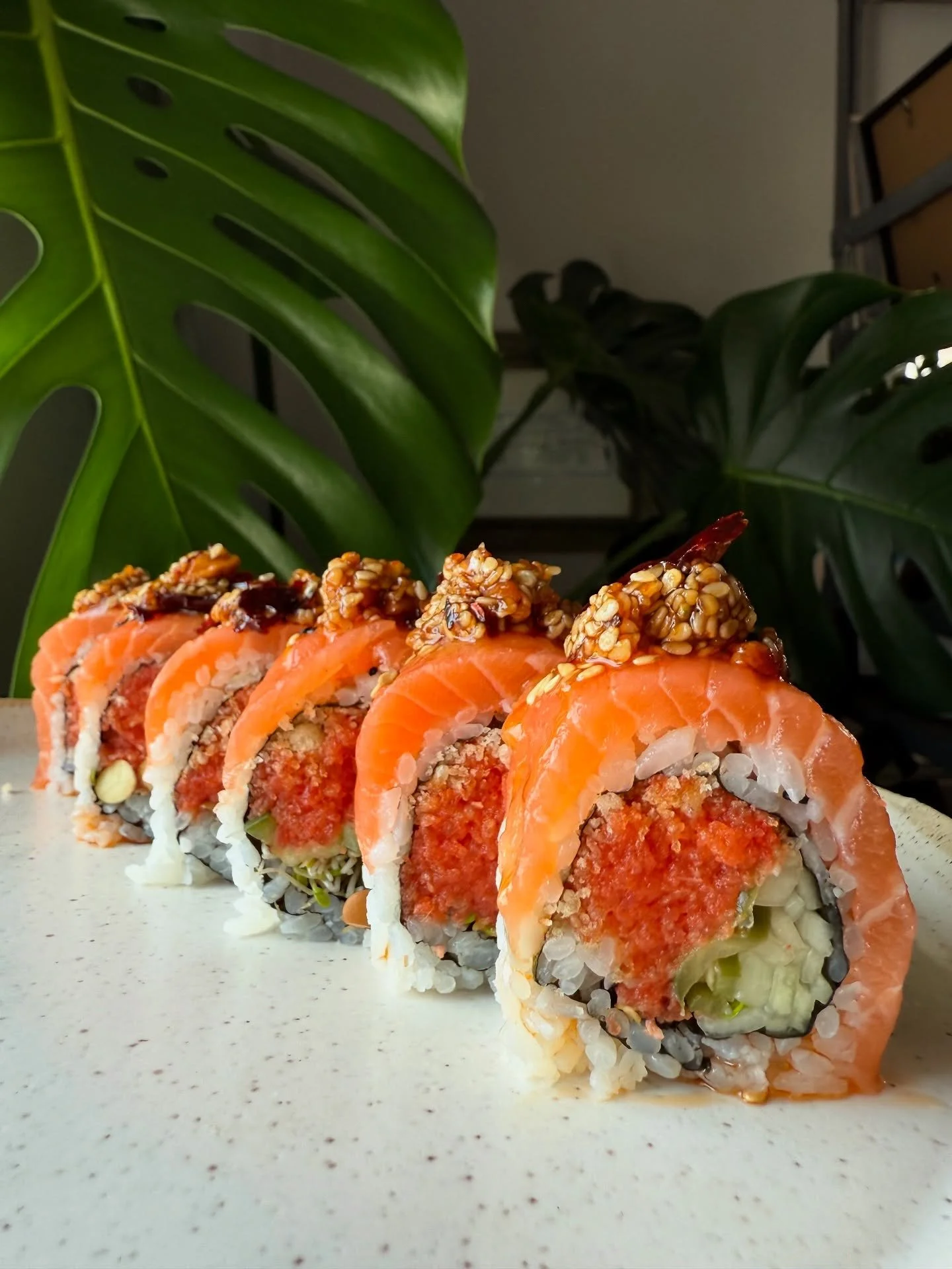 Salmon Sesame Crunch Roll - spicy tuna, sprouts, jalape&ntilde;o, tempura flakes, cucumber; salmon, sesame chili cashew crunch