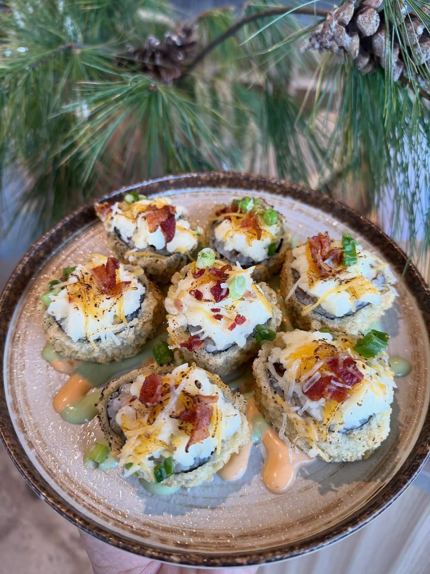 Festivus Roll - roasted turkey, apple cranberry stuffing, mashed potatoes, bacon, cheddar cheese &amp; scallions
