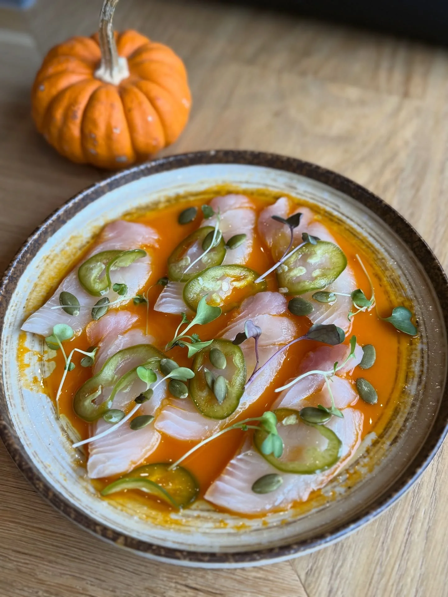 Fluke Sashimi - jalape&ntilde;o, toasted pumpkin seed &amp; carrot vinegar