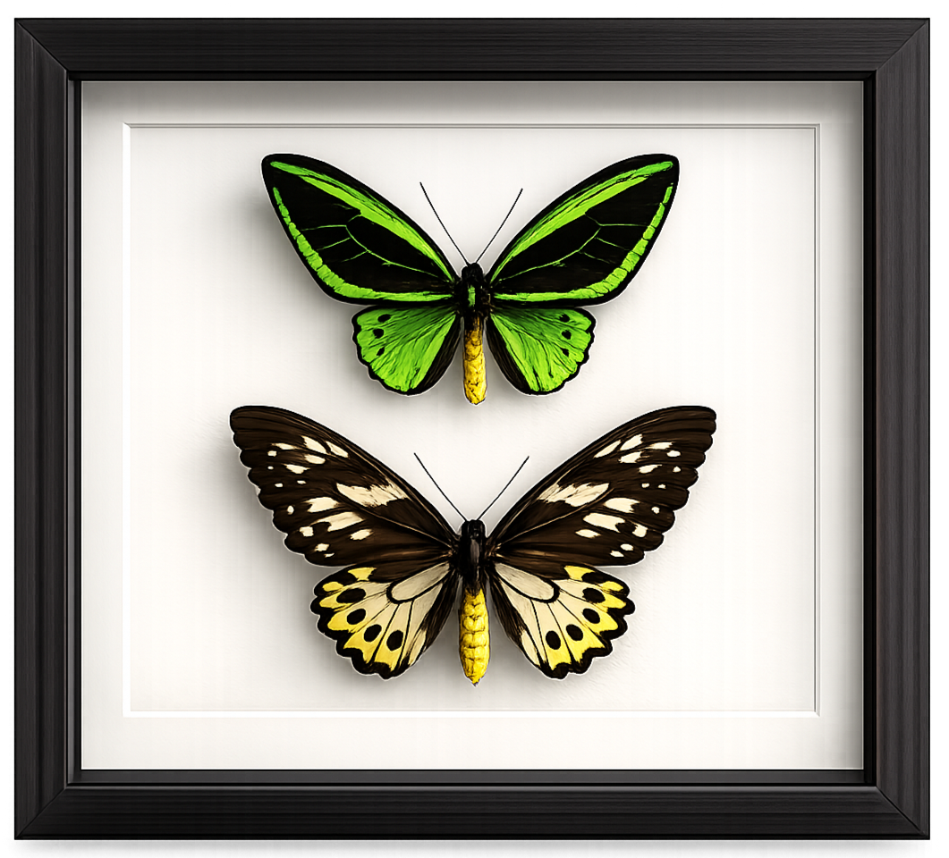 Framed display of two real butterfly specimens, one green and black and the other black, white, and yellow, mounted on a white background.
