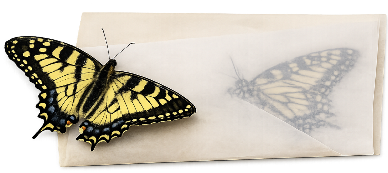 A butterfly with yellow and black wings resting on an envelope with a faint shadow of the butterfly on the paper.