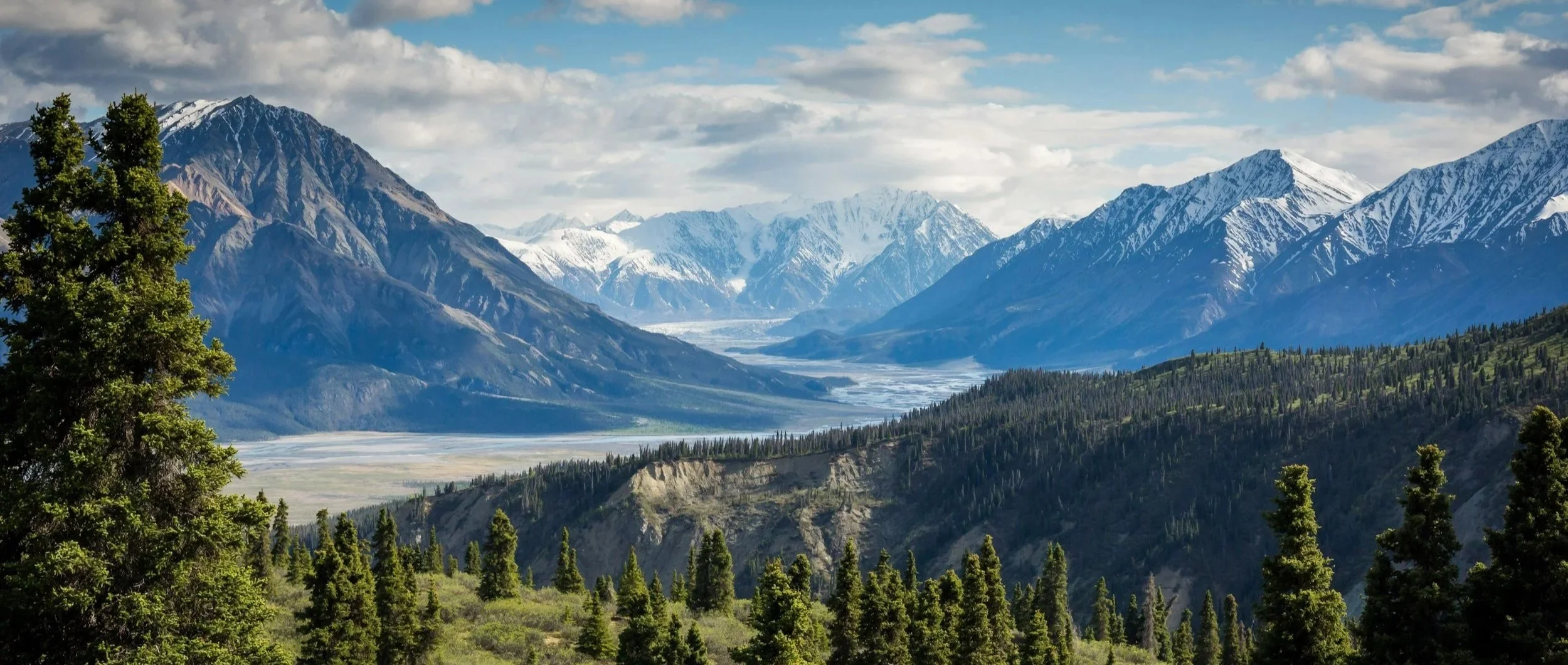 Scenic view of snow-capped mountains with coniferous trees in the foreground, and a partly cloudy sky.