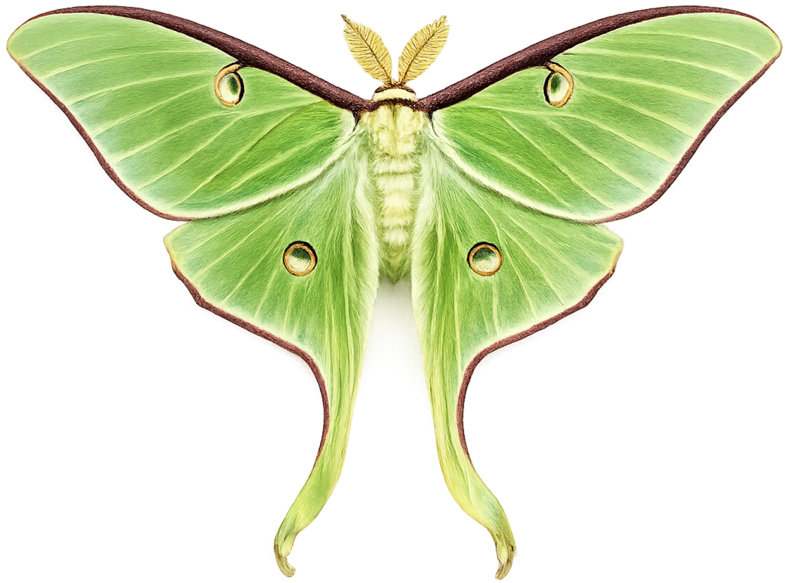 A green Luna moth with long tails on its hindwings, spread open showing intricate details, set against a transparent background.