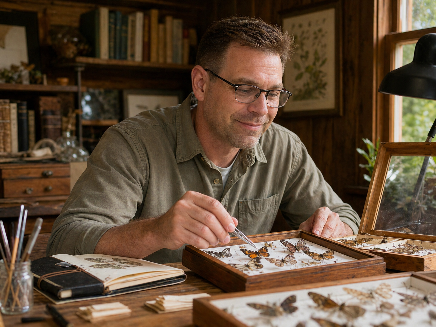 A man examining butterfly specimens in a wooden case, in a cozy, wood-paneled room with books and natural light.