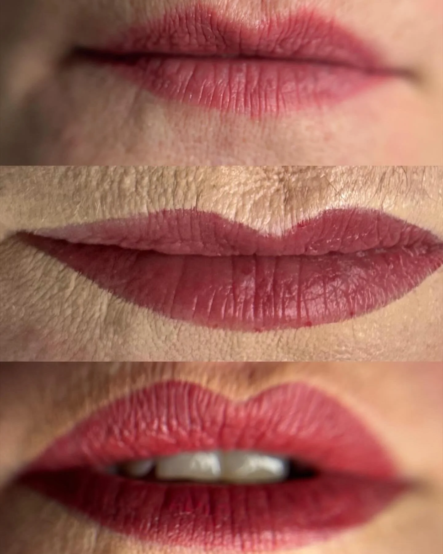 Nahaufnahme von drei Lippen, die von oben nach unten aufgenommen wurden, mit unterschiedlichem Make-up und Natur- sowie Rottönen.