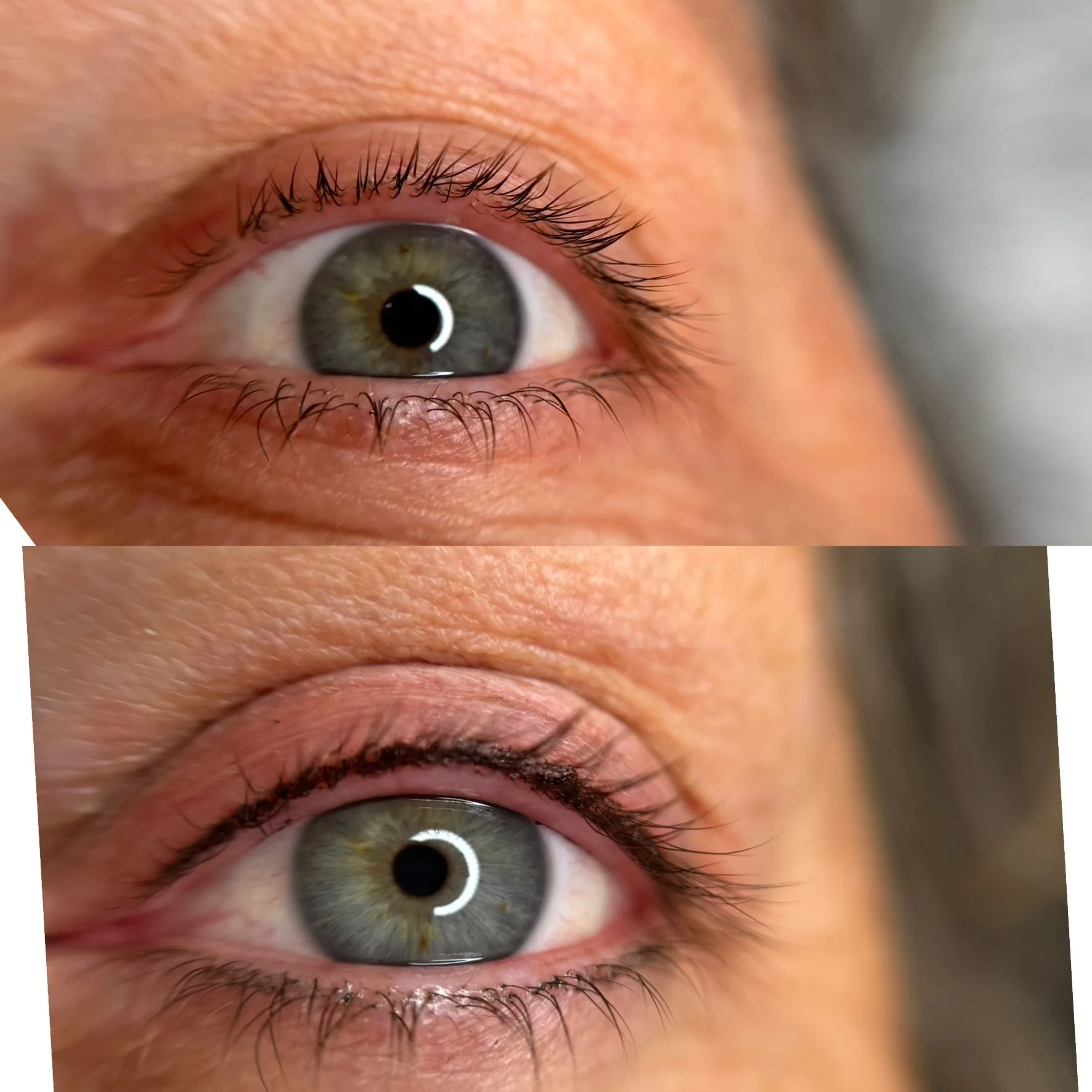 Nahaufnahme eines menschlichen Auges mit grünlichem Iris und sichtbaren Wimpern, Kopf leicht seitlich gedreht.