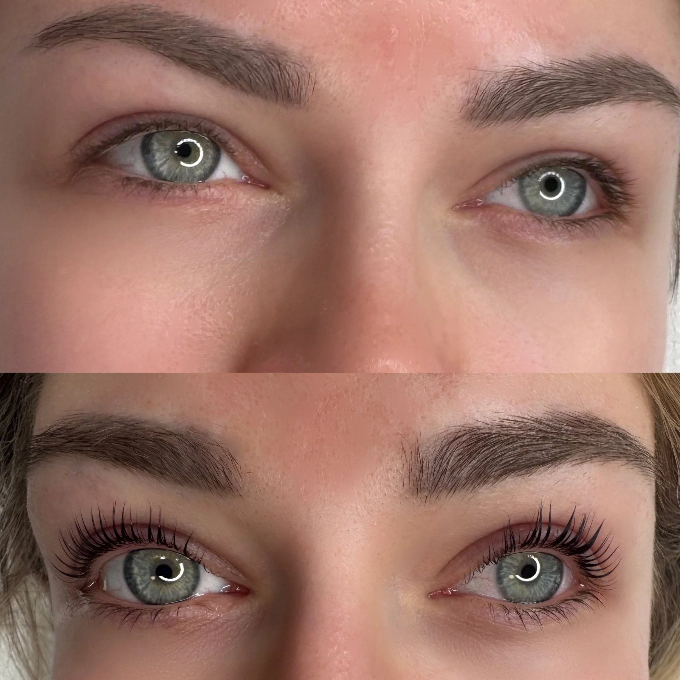 Vorher-Nachher Korean Lashlifting bei VOI SCHEE in Weichs mit sichtbar angehobenen Naturwimpern