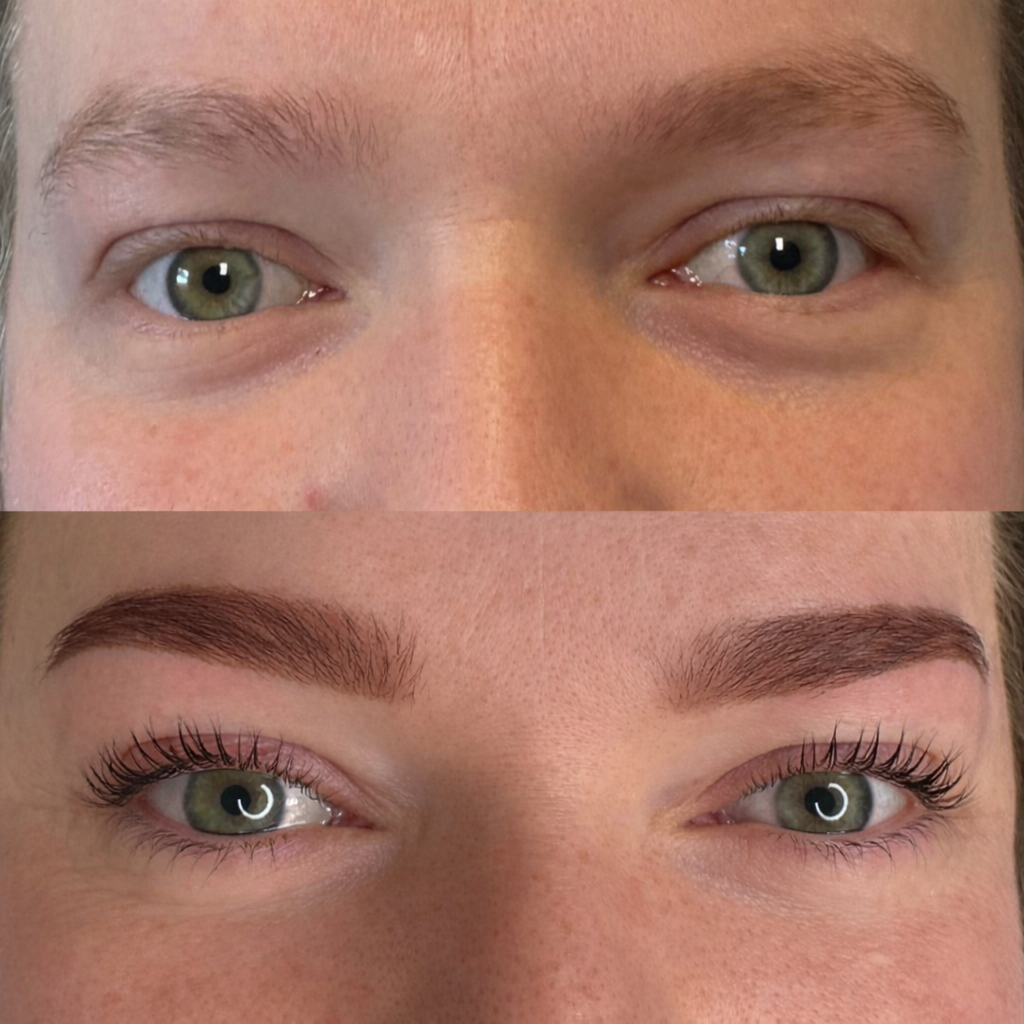 Vorher-Nachher-Bilder eines Augen-Make-ups, bei dem die oberen Bilder natürliche Augenlider zeigen und die unteren Bilder geschminkte, betonte Augen mit Wimpern und gezupften Augenbrauen.