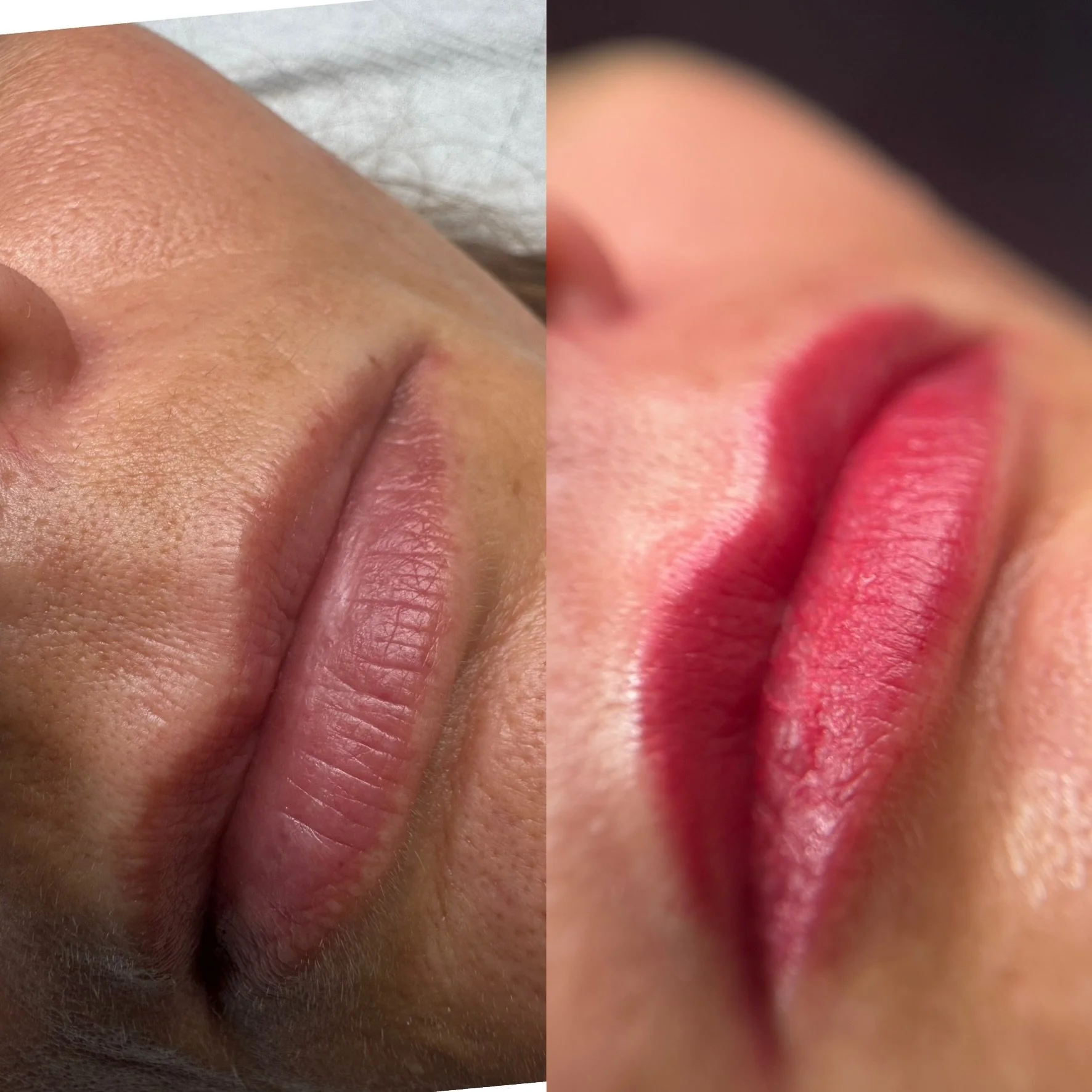 Nahaufnahme von fremden menschlichen Lippen, links voller und mit viel Feuchtigkeit, rechts trockener und rissiger.