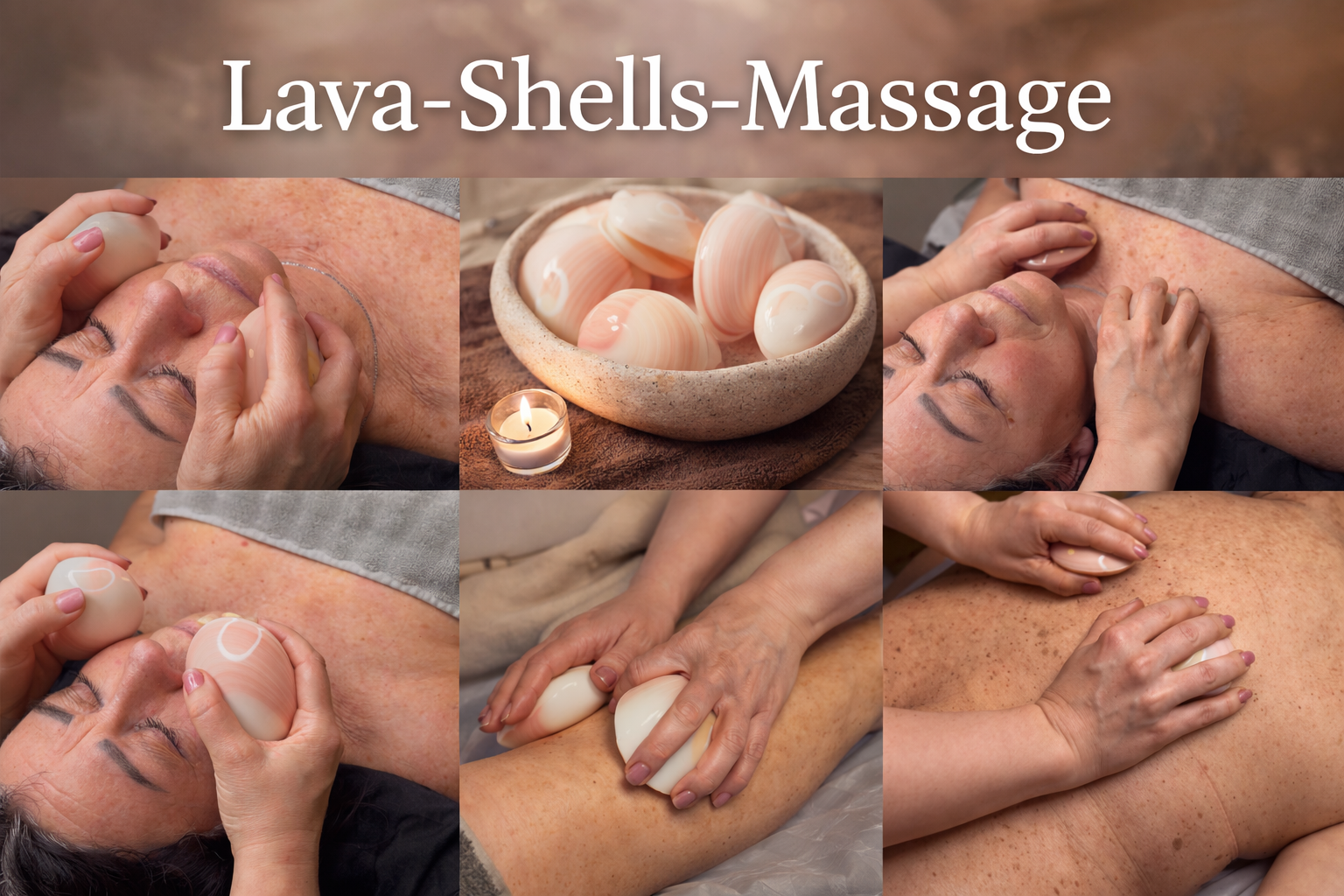 Bilder von Lava-Shell-Massagen, inklusive Szenen von Massagetherapeuten, die Lava-Shells auf den Rücken verwenden, sowie eine Schale mit Lava-Shells und eine Kerze