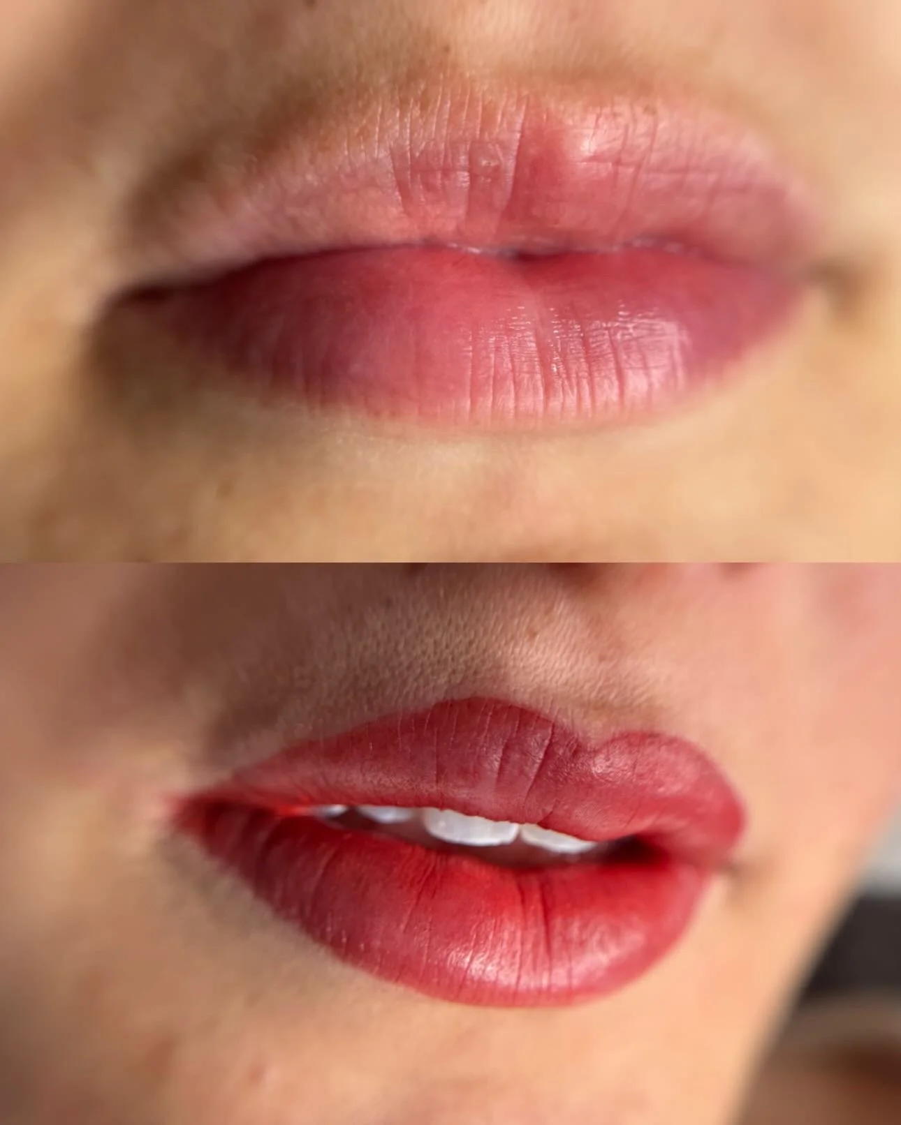 Nahaufnahme von Lippen, oben natürliche Lippen, unten rote Lippen mit Make-up, beide close-up, zarte Haut, weibliche Person