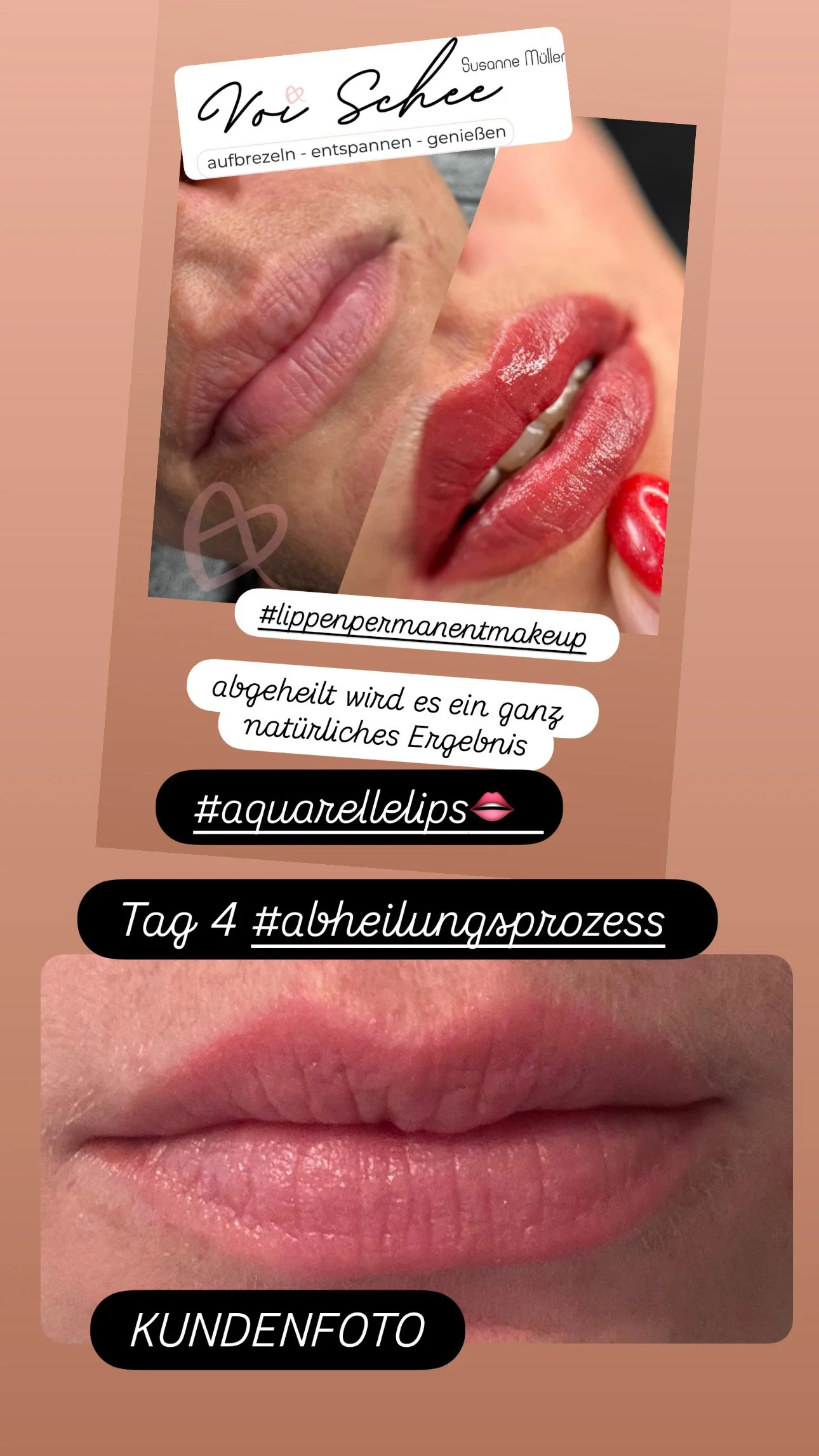 Nahaufnahme von Lippen vor und nach Permanent Make-up, mit Text über den Heilungsprozess und Hashtags