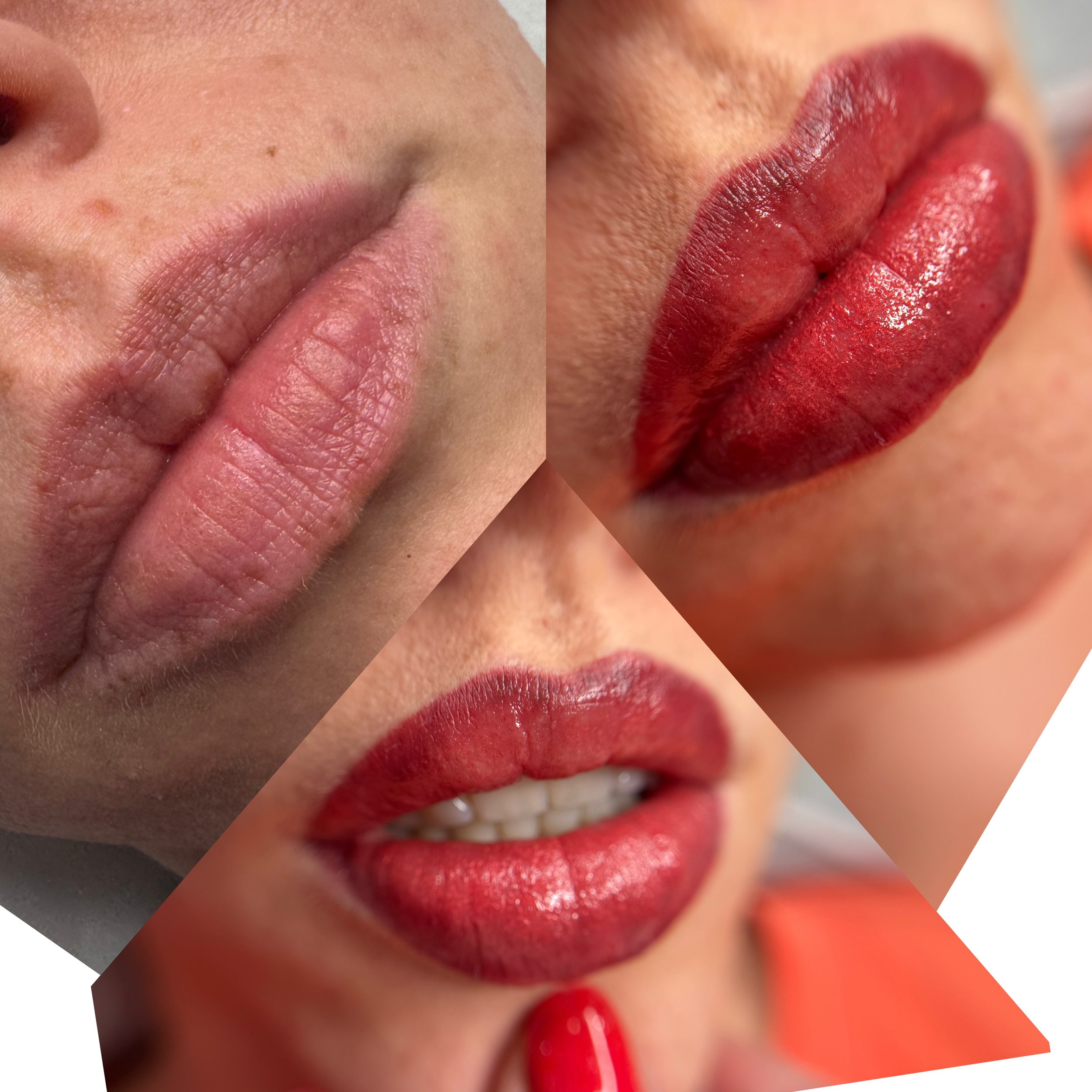 Nahaufnahme von aufgetragenem roten Lippenstift auf den Lippen einer Person mit sichtbarer Hauttextur.