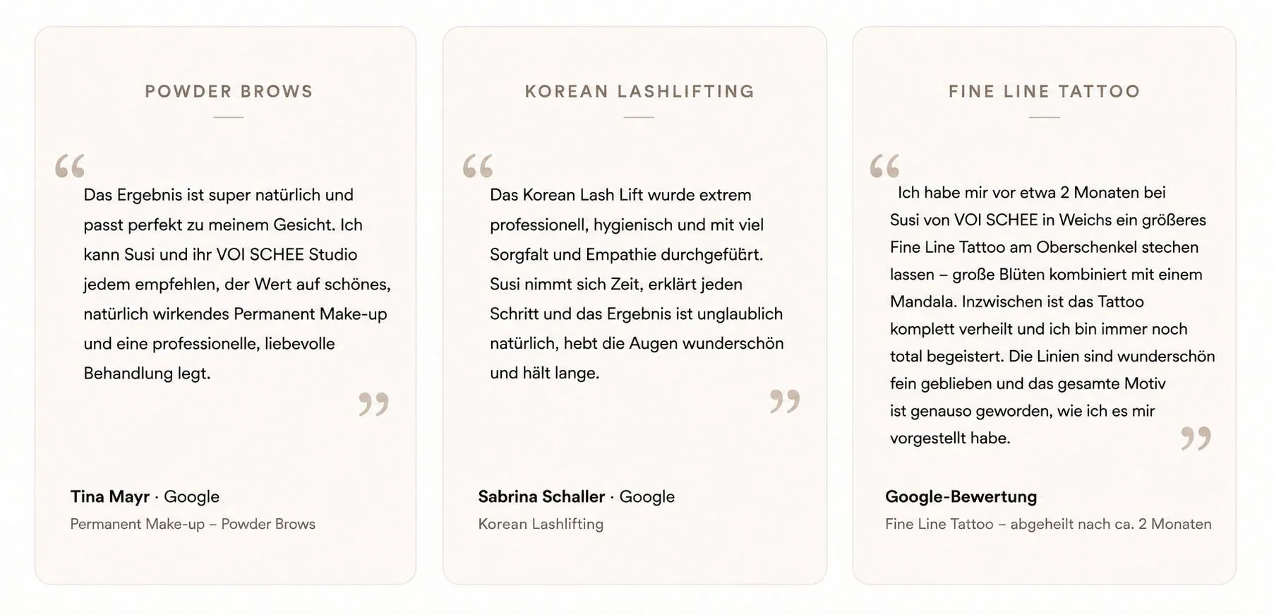 Auszug von Kundenbewertungen aus Google VOI SCHEE STUDIO in WEICHS