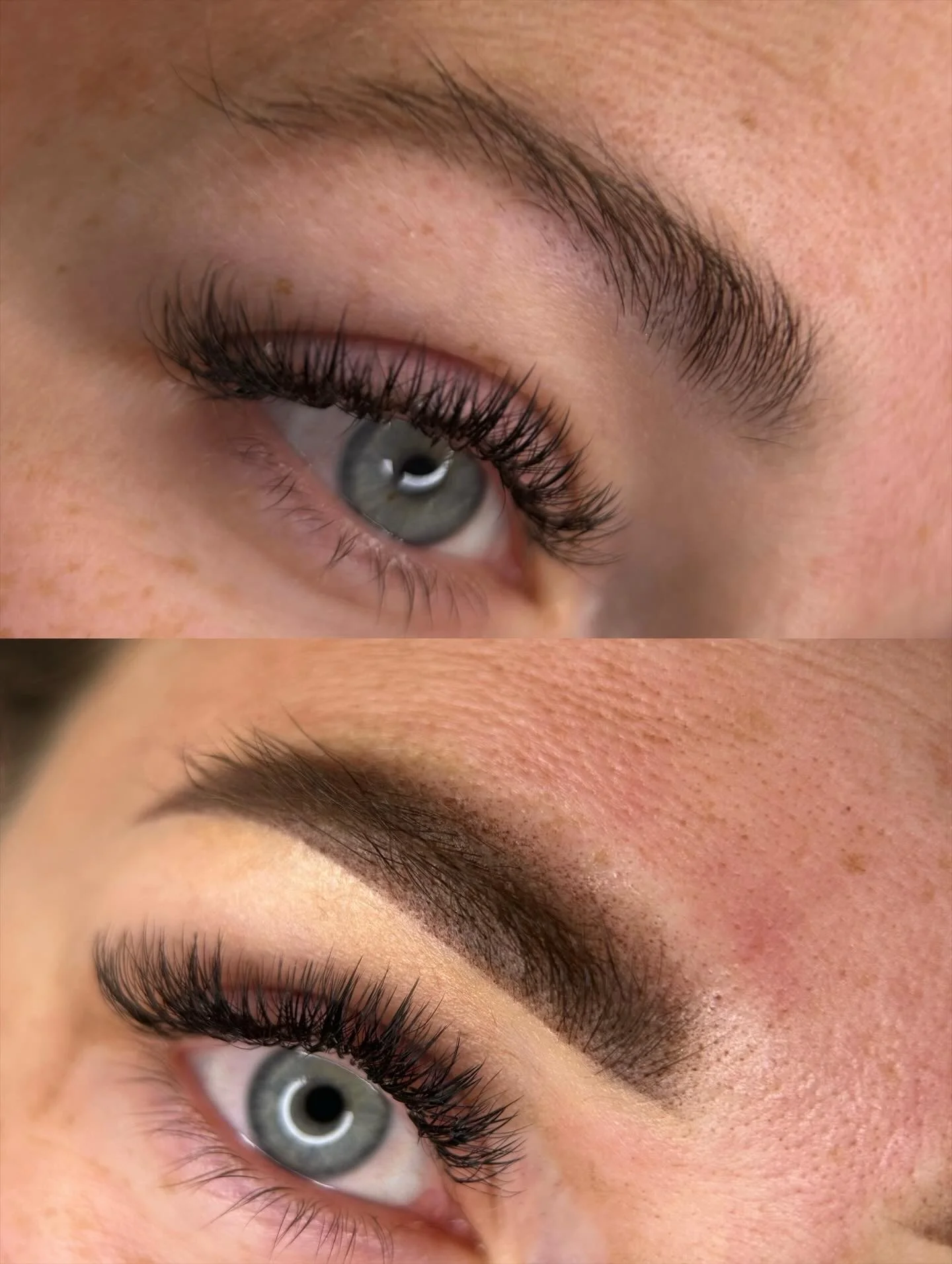 Nahaufnahme eines Auges mit einem blauen Iris, langen Wimpern und gepflegtem Brauenbogen.