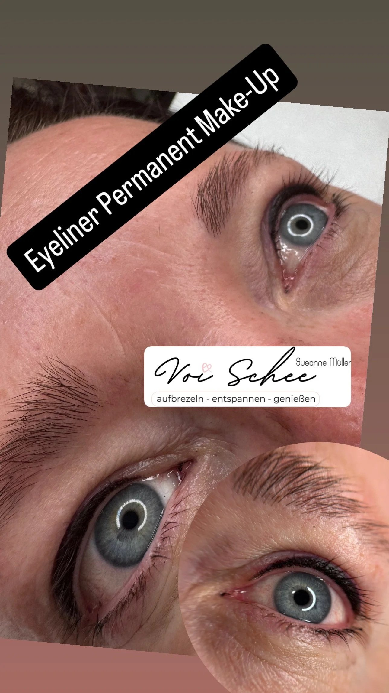 Nahaufnahme von Augen mit geweißelten Wimpern und Brauen, der Text 'Eyeliner Permanent Make-Up' in Schwarz, und darunter ein Textblock mit dem Titel 'Voi Schee' und den Worten 'aufkreuzen - entspannen - genießen'.