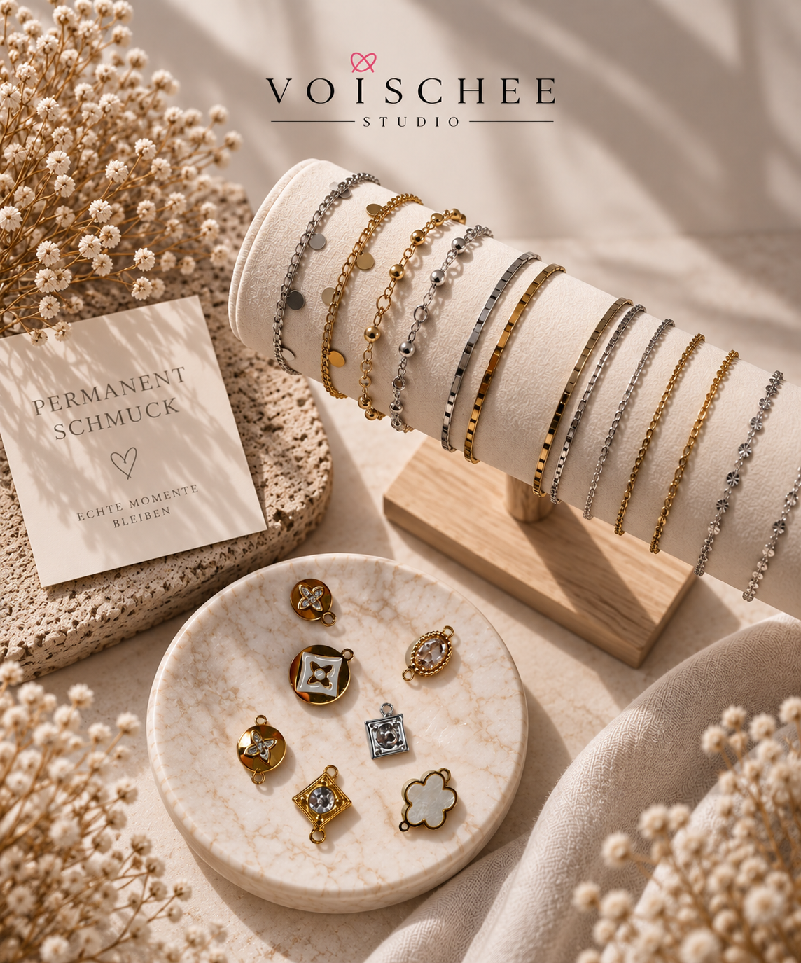 Auswahl filigraner Ketten und Charms für Permanent Schmuck bei VOI SCHEE