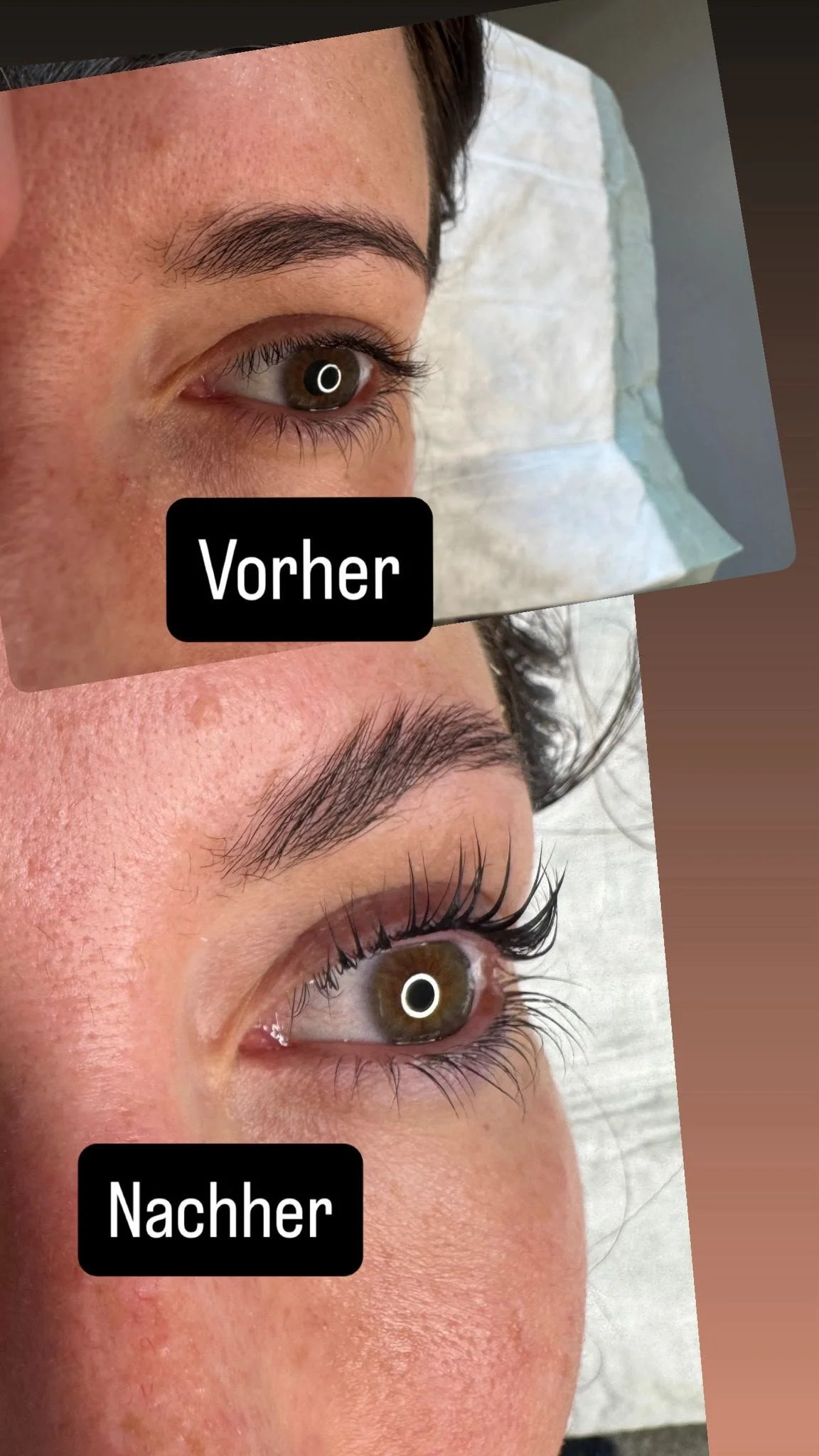 Vorher-Nachher Korean Lashlifting mit deutlich sichtbareren Naturwimpern und stärkerem Curl