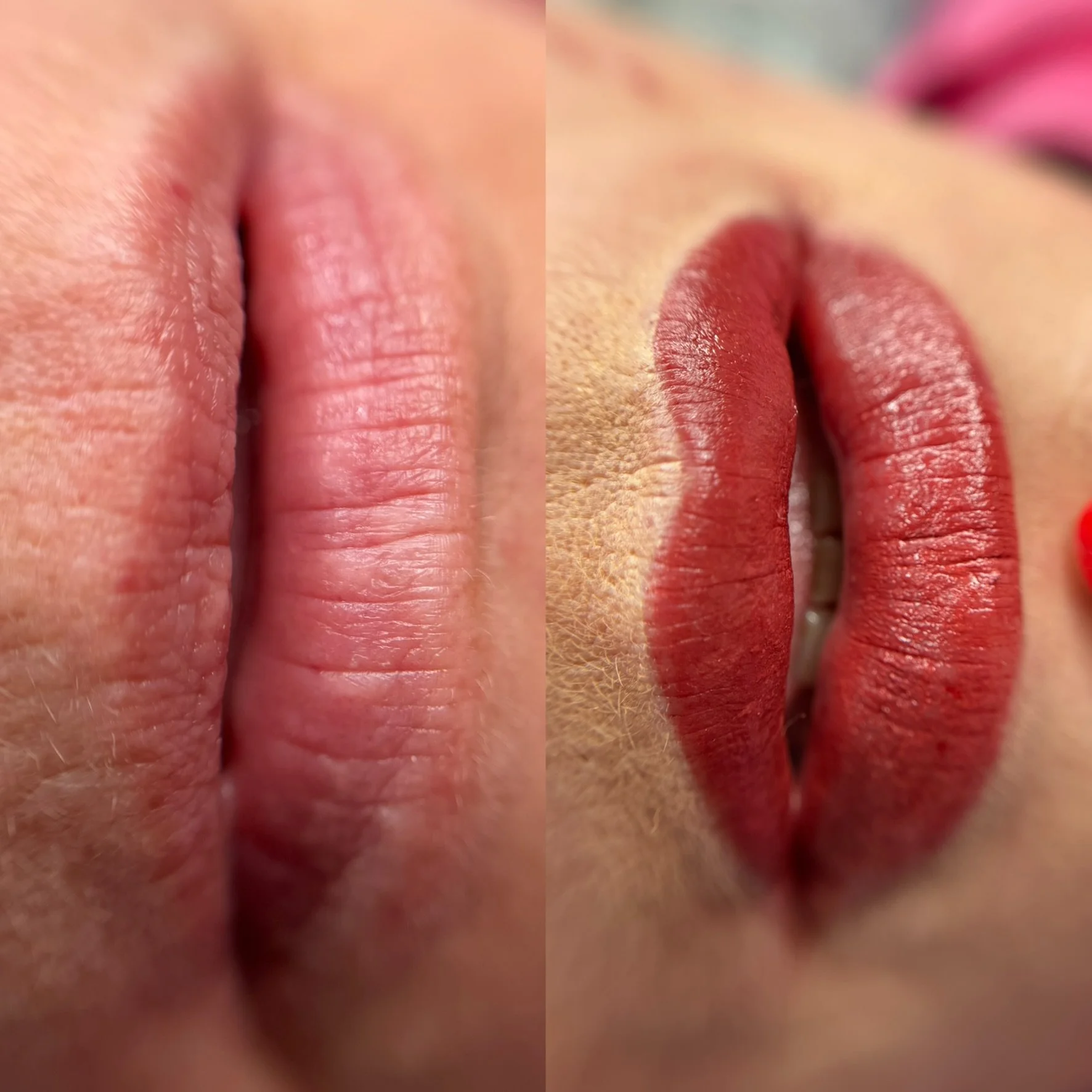 Nahaufnahme von zwei Lippen in Nahaufnahme, eine natürlich und eine mit rotem Lippenstift, beide zeigen Details der Haut und Textur.