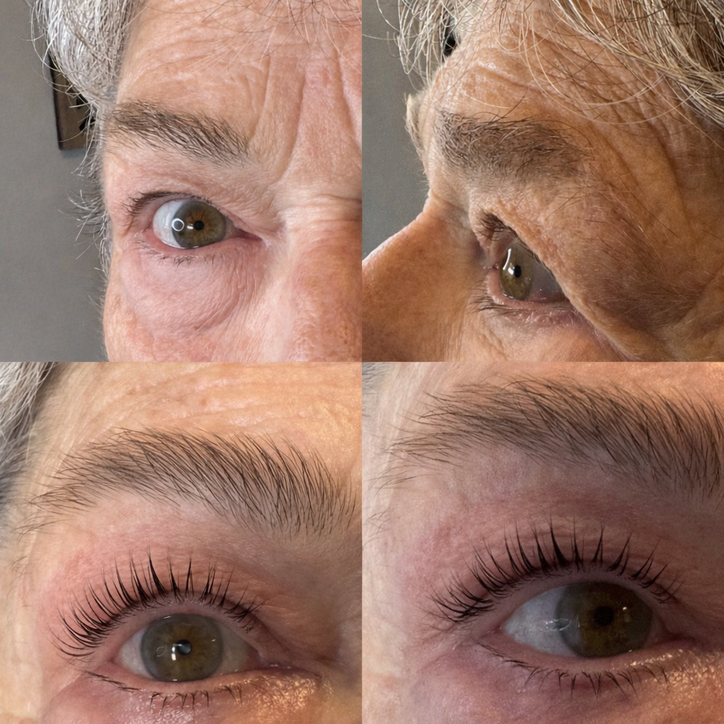 Vorher-Nachher Lashlifting bei reiferen Naturwimpern mit sichtbar angehobener Wimpernform