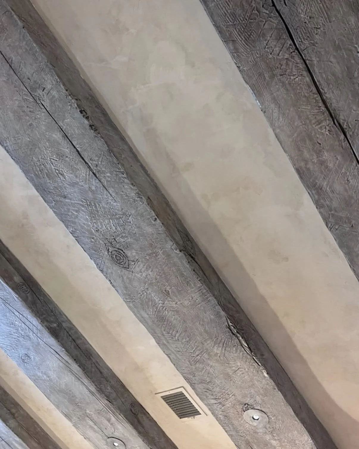 Lime paint walls and faux aged wood in grey ceiling
