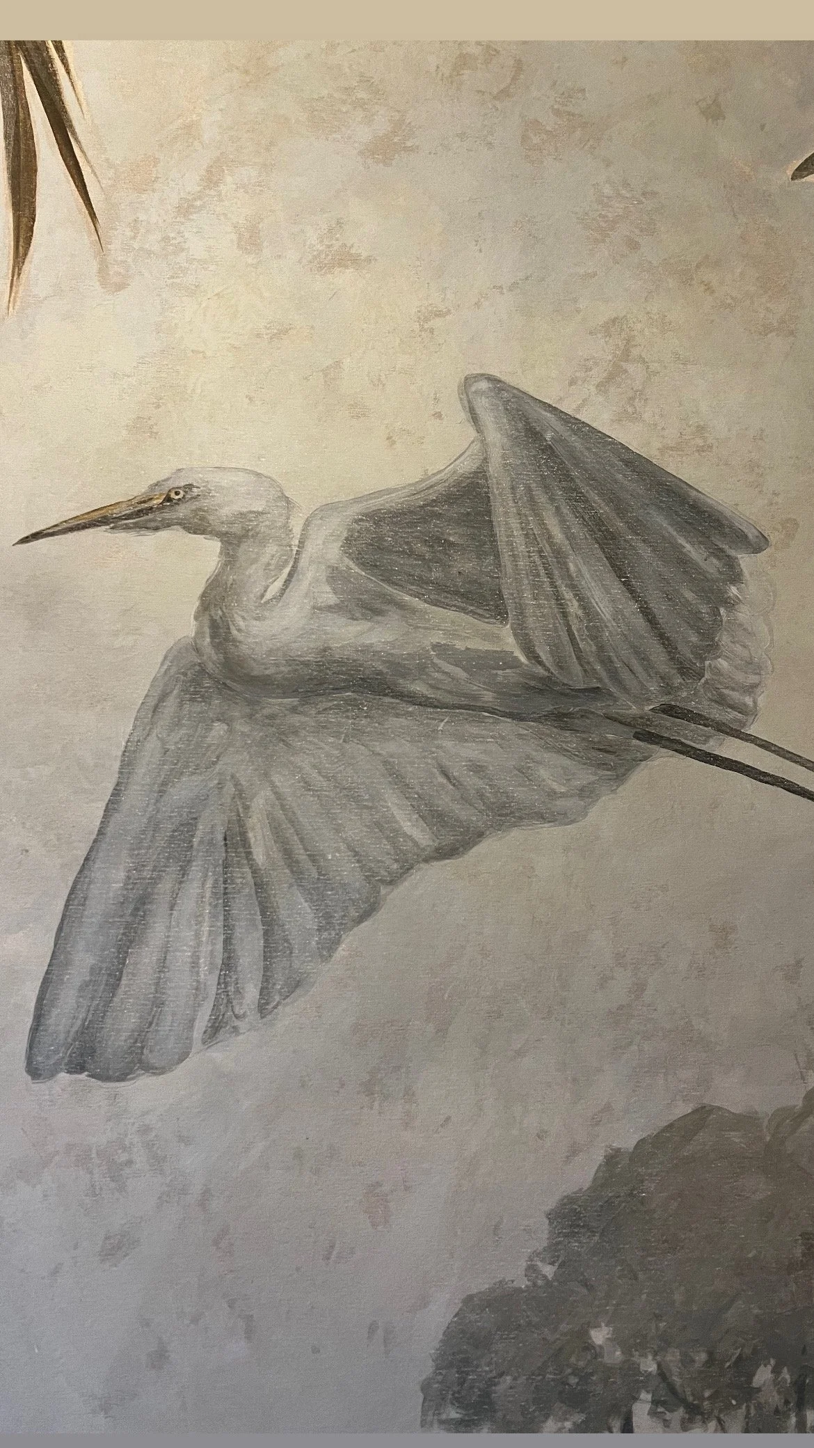 Detail of bird painted on an installed hand painted wallpaper