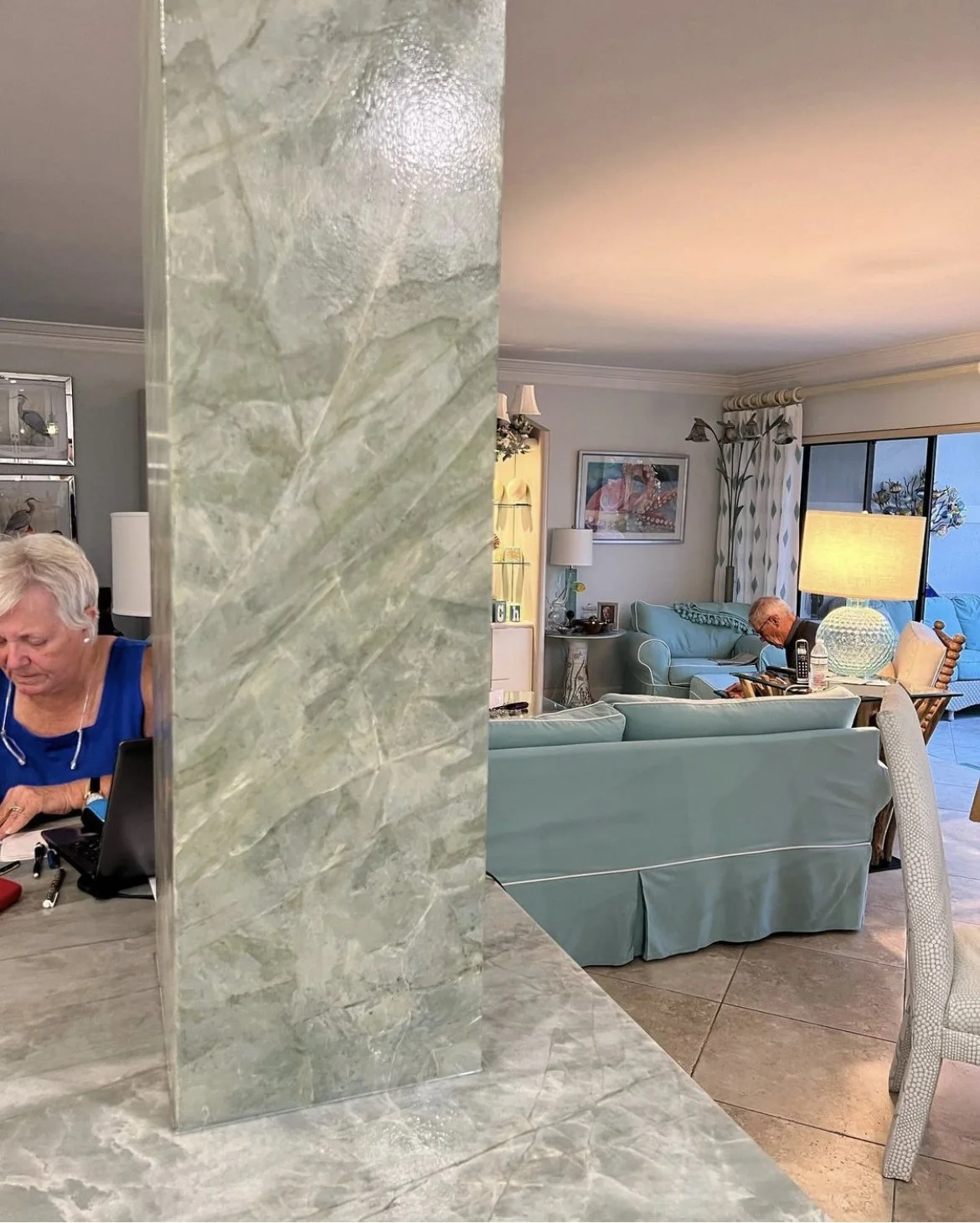 Marble columns matched to the real marble countertops