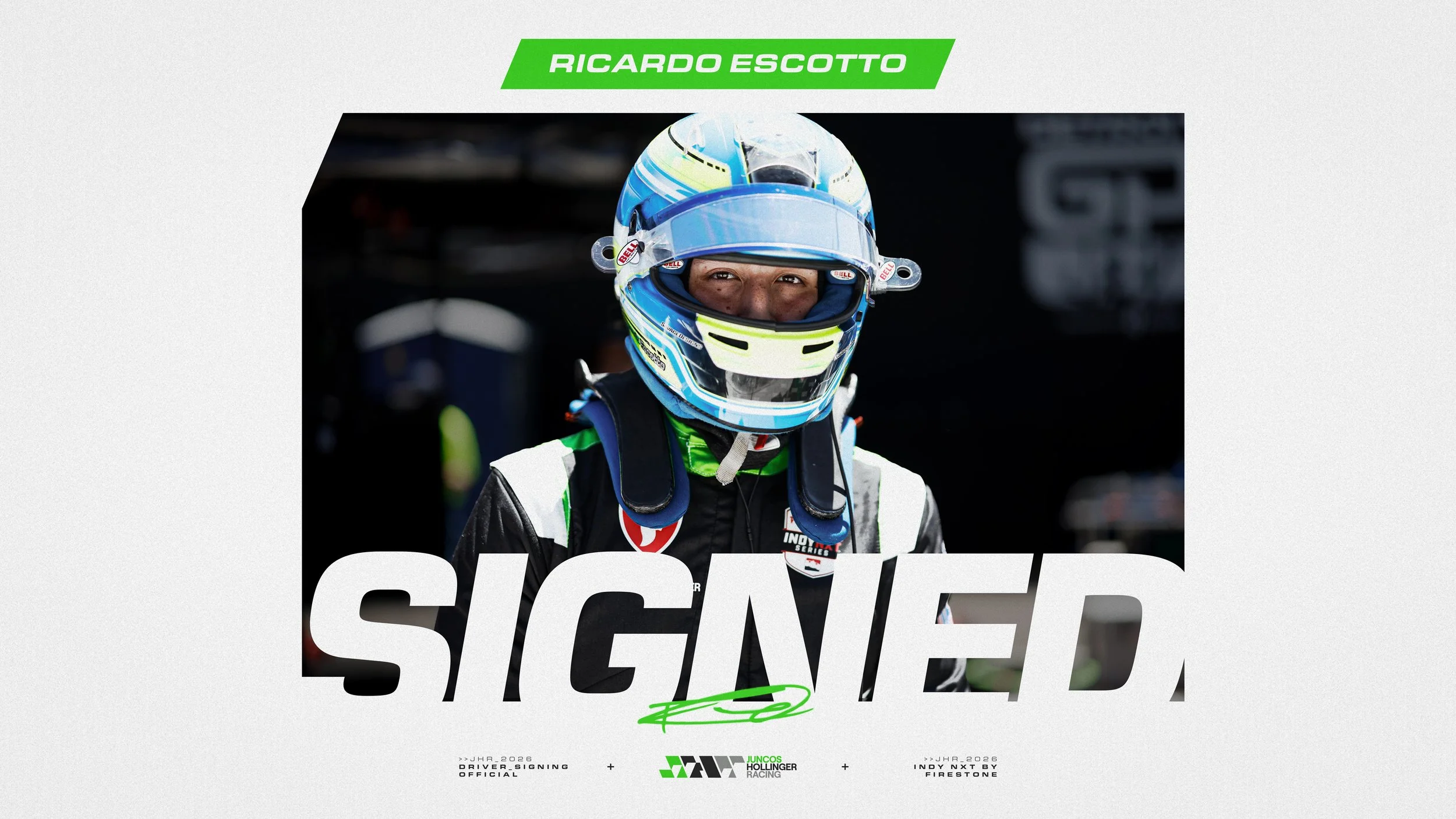 Image of Juncos Hollinger Racing INDY NXT driver Ricardo Escotto in JHR fire suit and helmet with the word "SIGNED" overlayed on image