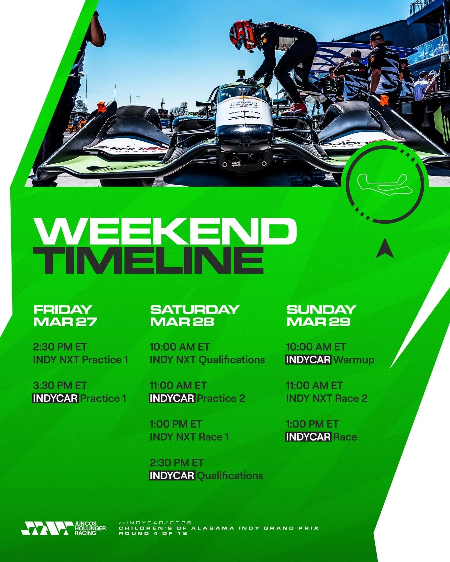 Schedule for this weekend in Barber! 🕷️

Let&rsquo;s go, guys! 💪🏻

#GoJHR #IndyCar