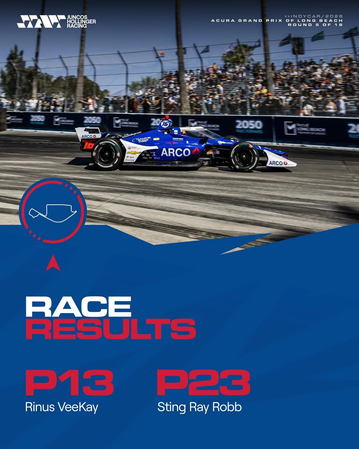 Race results from Long Beach ⛱️

@rinusveekay finished the weekend in P13 and @stingrayrobb in P23.

What&rsquo;s coming next MAY be interesting 👀