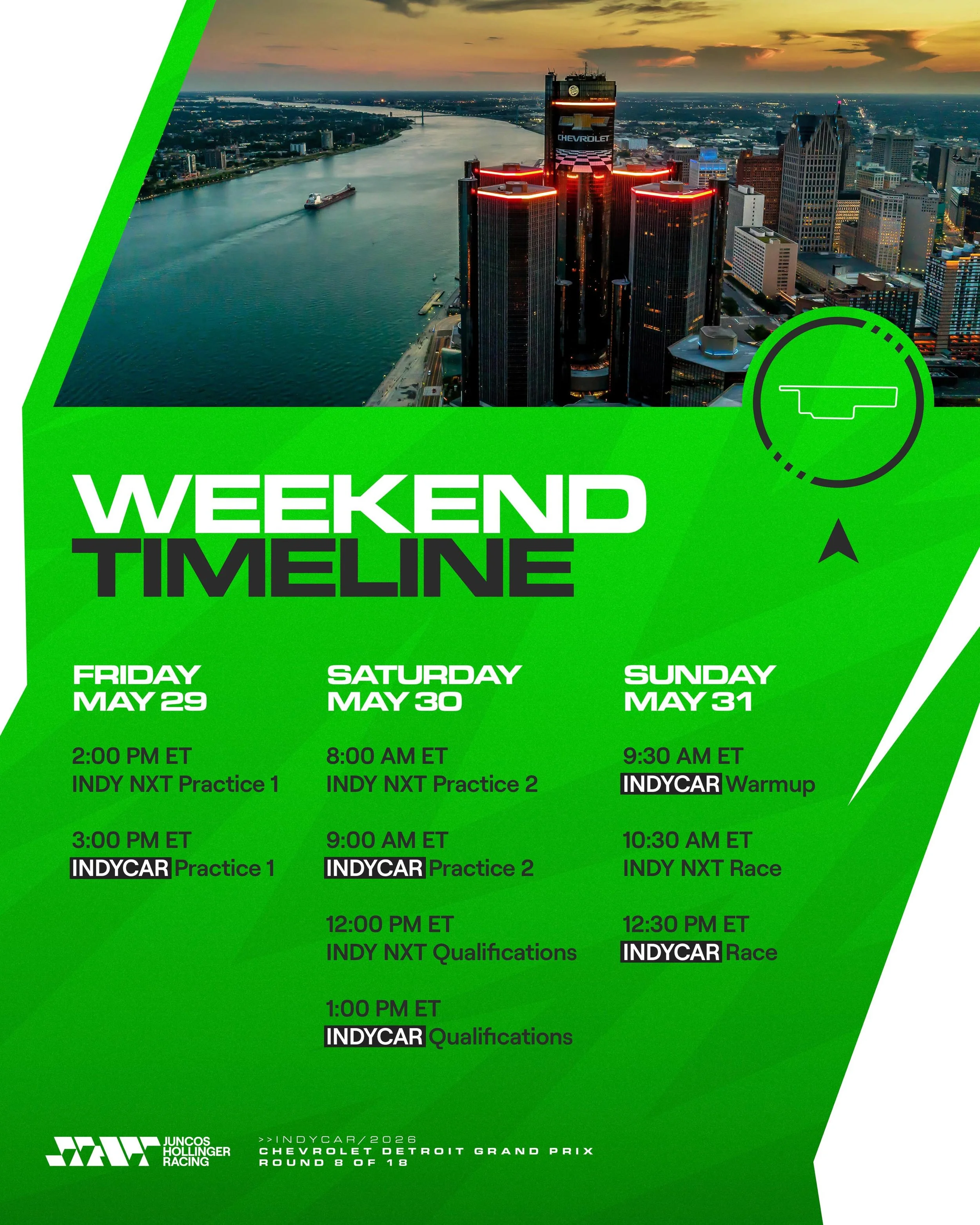 Weekend schedule for Detroit ⏰

Don&rsquo;t miss any of the action from Motor City! 👊🏻🏁

#GoJHR #IndyCar