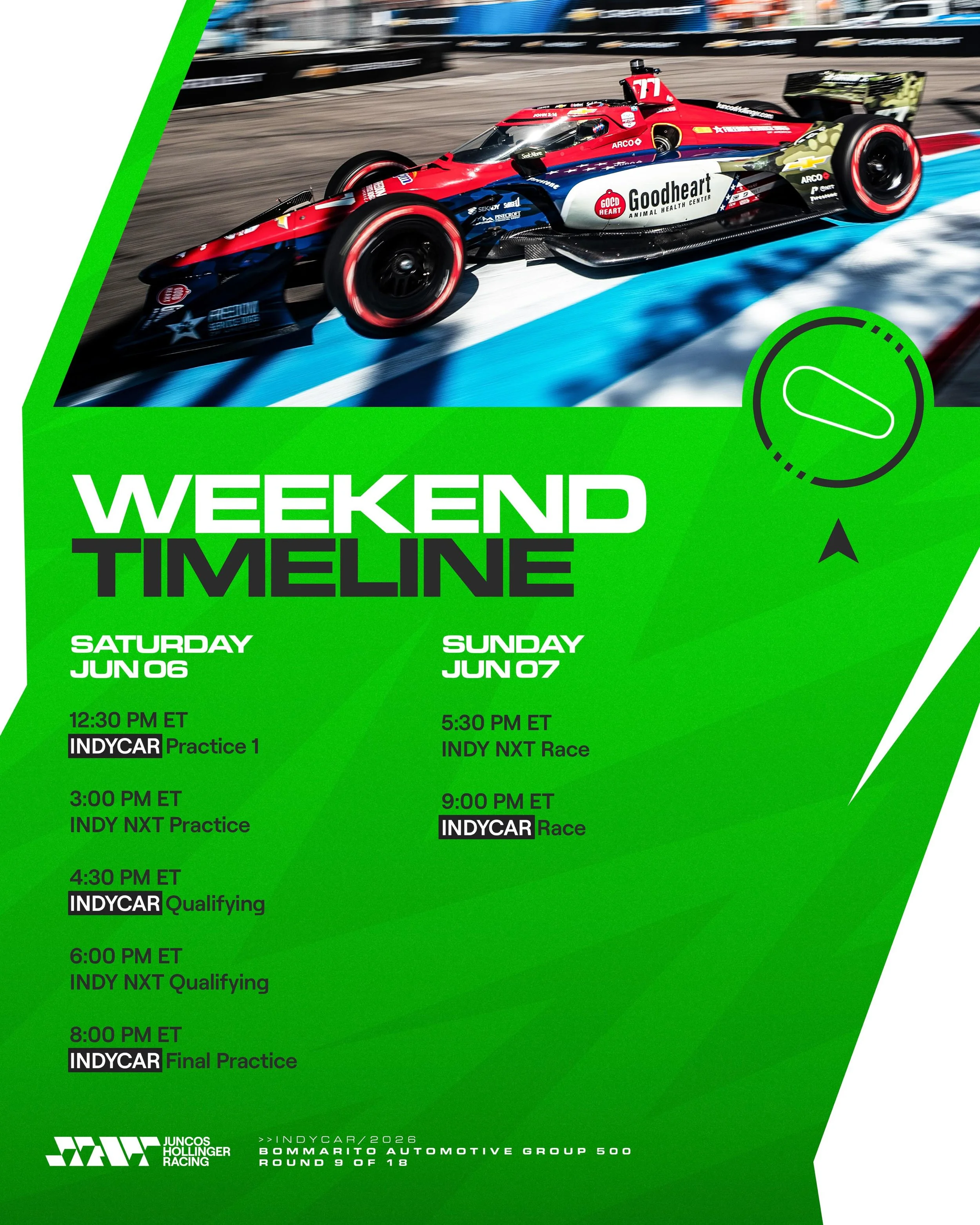 This weekend&rsquo;s schedule at World Wide Technology Raceway ↖️🌃

Plenty of action ahead for our IndyCar and Indy NXT teams as we race under the lights in St. Louis.

#GoJHR #IndyCar #IndyNXT