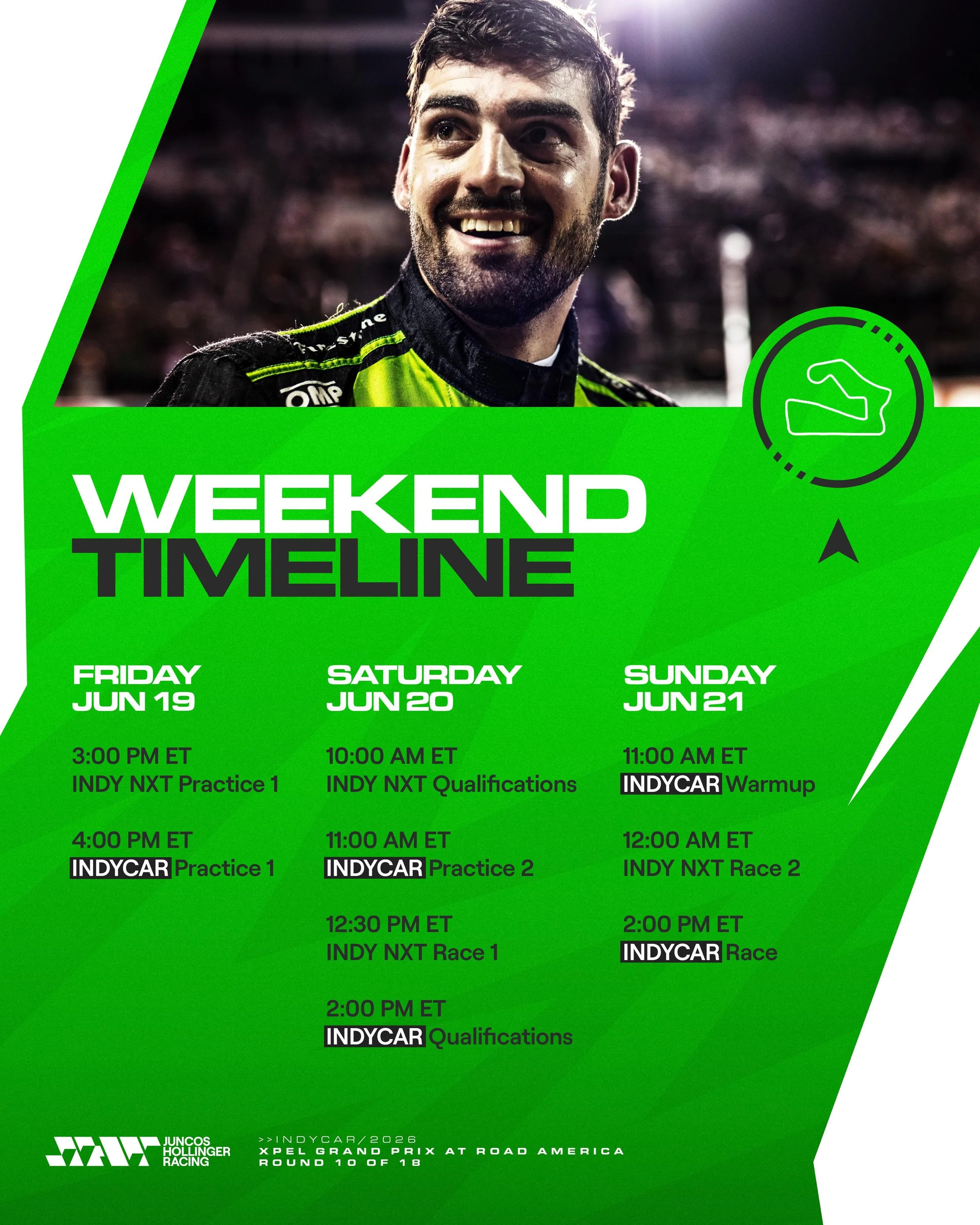 Weekend schedule for Road America ⏰

Looking to keep the momentum going and add more valuable points this weekend 🙌🏻

#GoJHR #IndyCar