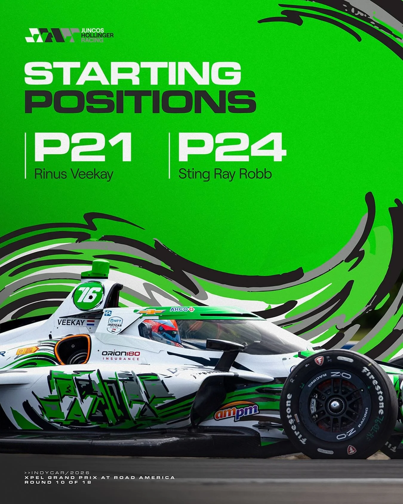 This is how we start the race at Road America 👊🏼

Looking for a strong recovery! 💪🏻

#GoJHR #IndyCar