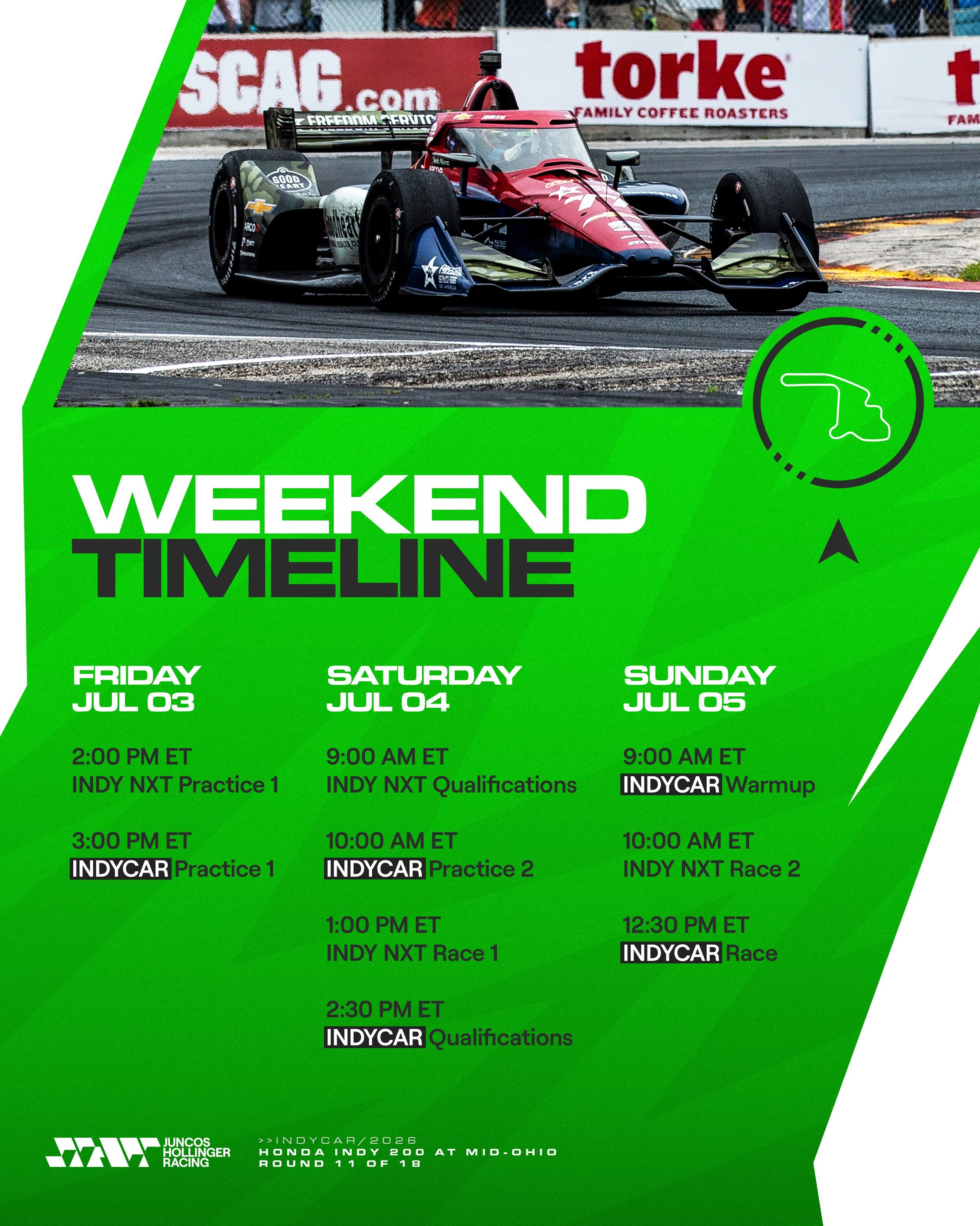 This weekend&rsquo;s Mid-Ohio schedule! 🙌🏻⏰

#GoJHR #IndyCar #IndyNXT