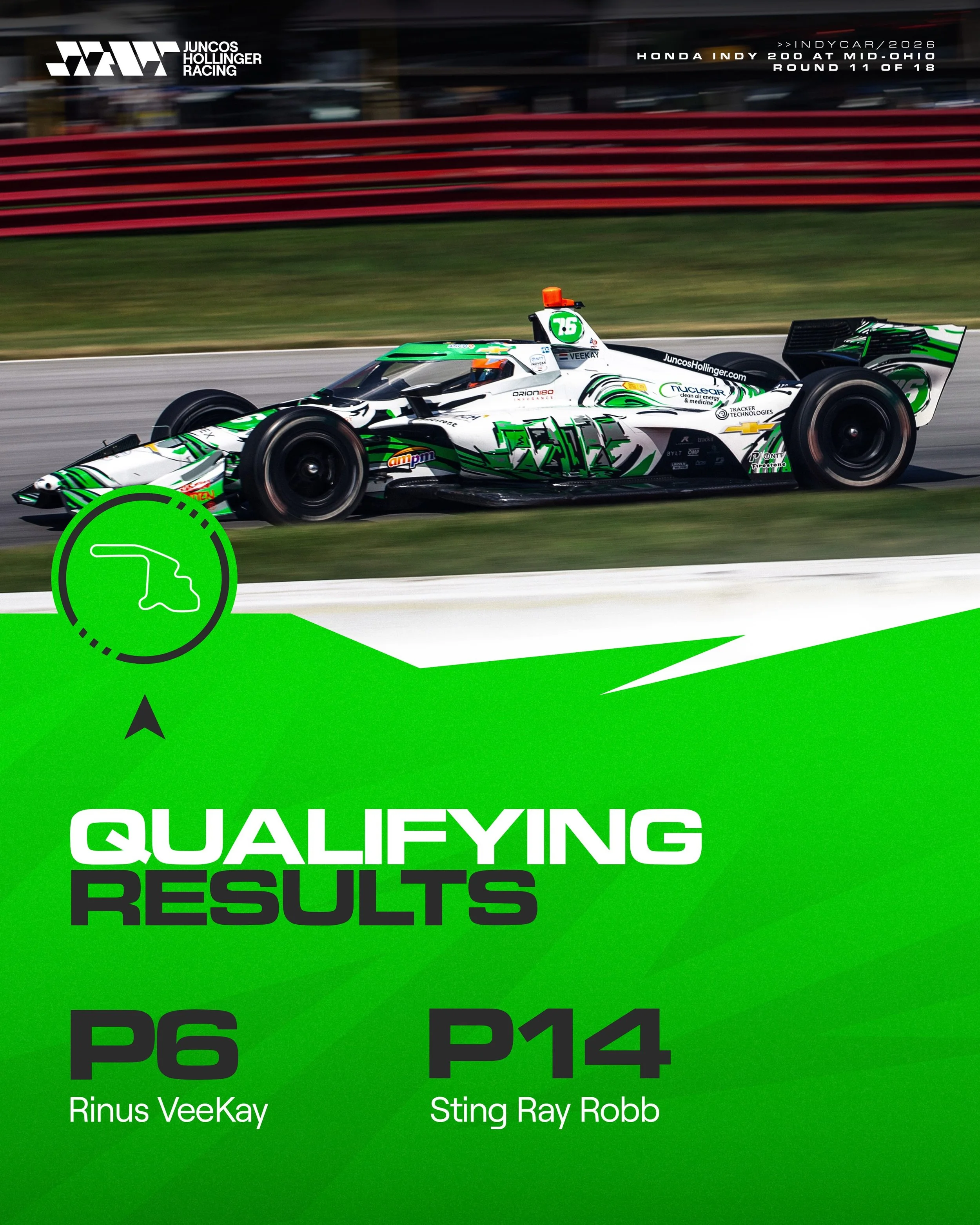 A good qualifying session for us at Mid-Ohio 💪🏻

Rinus VeeKay advanced to the Fast Six and qualified P6, while Sting Ray Robb qualified P14, missing out on the Fast 12 by just 0.008 seconds.

#GoJHR #IndyCar