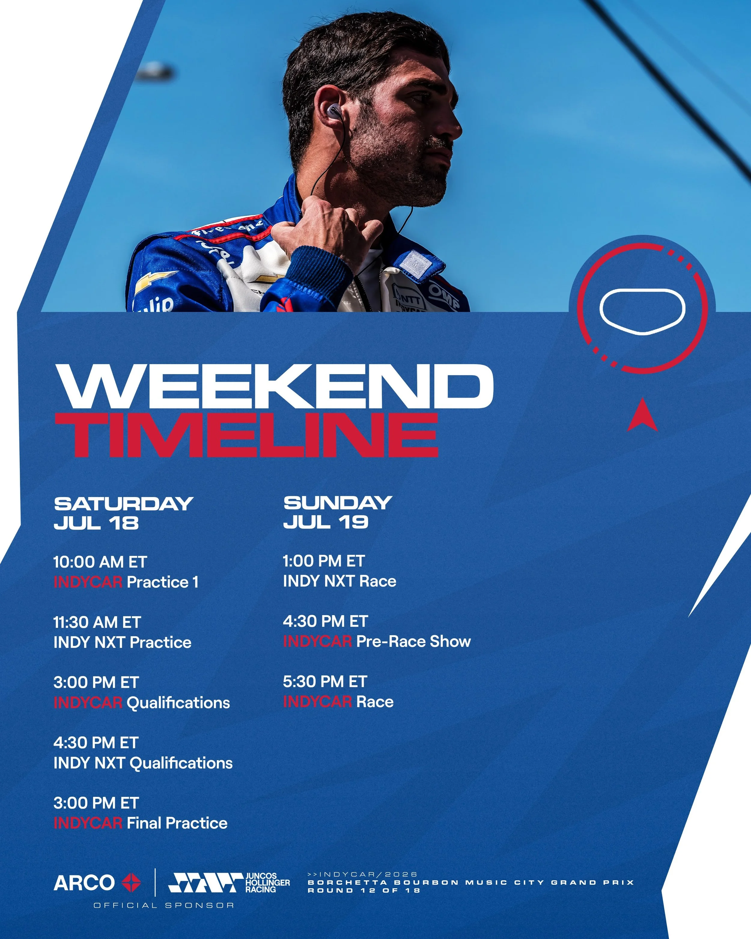 Good morning, Nashville! 👋🏻🎸

Here&rsquo;s our schedule for the weekend ⏰

#GoJHR #IndyCar #IndyNXT