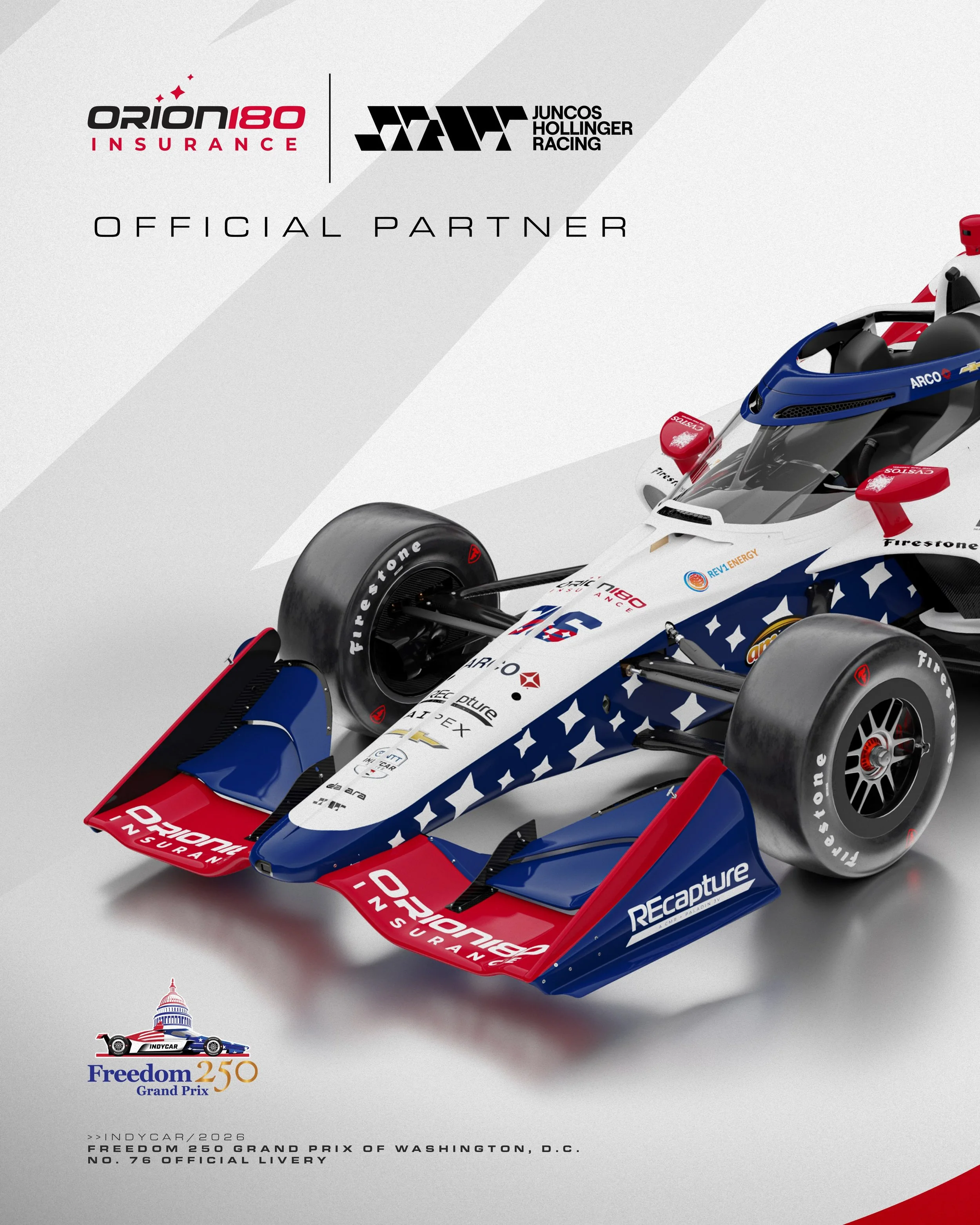 Red, white, blue and ready for D.C. 🇺🇸

Proud to have @orion180insurance back on the No. 76 with a special look for the Freedom 250 Grand Prix of Washington, D.C.

A livery made for a historic weekend 🦅

#GoJHR #INDYCAR