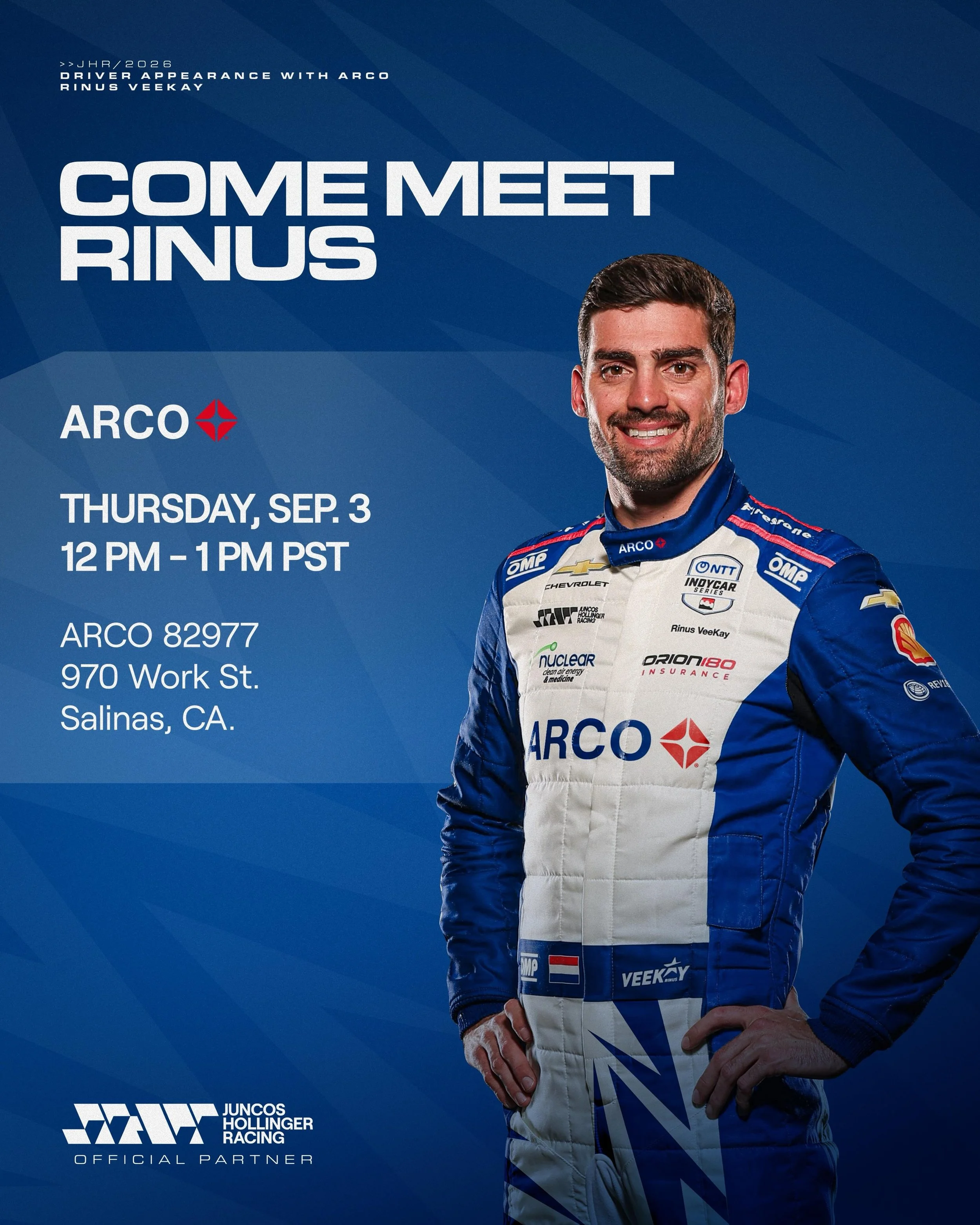 Salinas, come meet Rinus! 💪🏻😎

Join @rinusveekay and @arco this Thursday, September 3, from 12&ndash;1 PM PST!

📍 ARCO | 970 Work St., Salinas, CA

See you there! 🙌🏻

#GoJHR #IndyCar