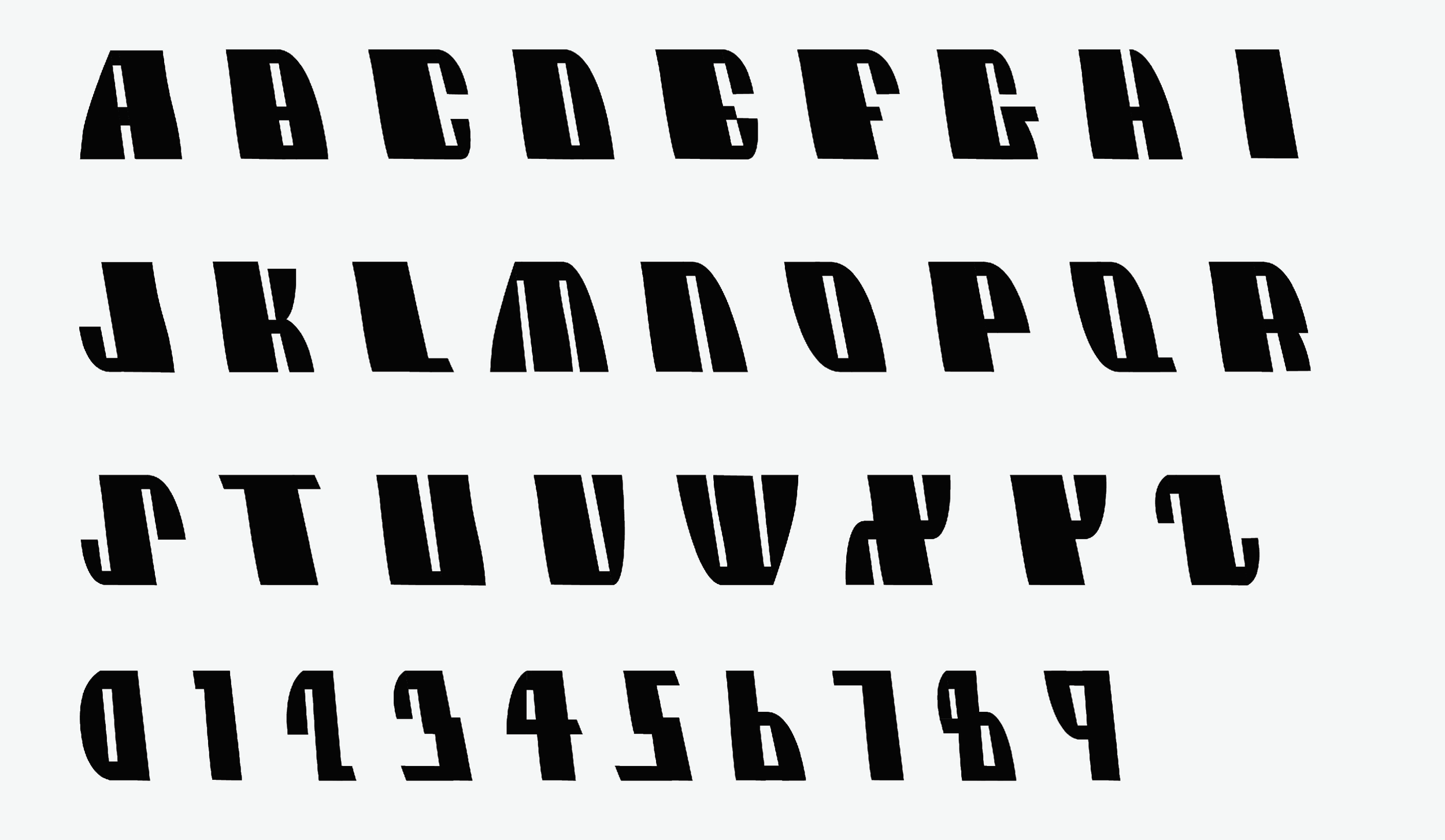 Bold black stylized alphabet letters and numbers on a white background.