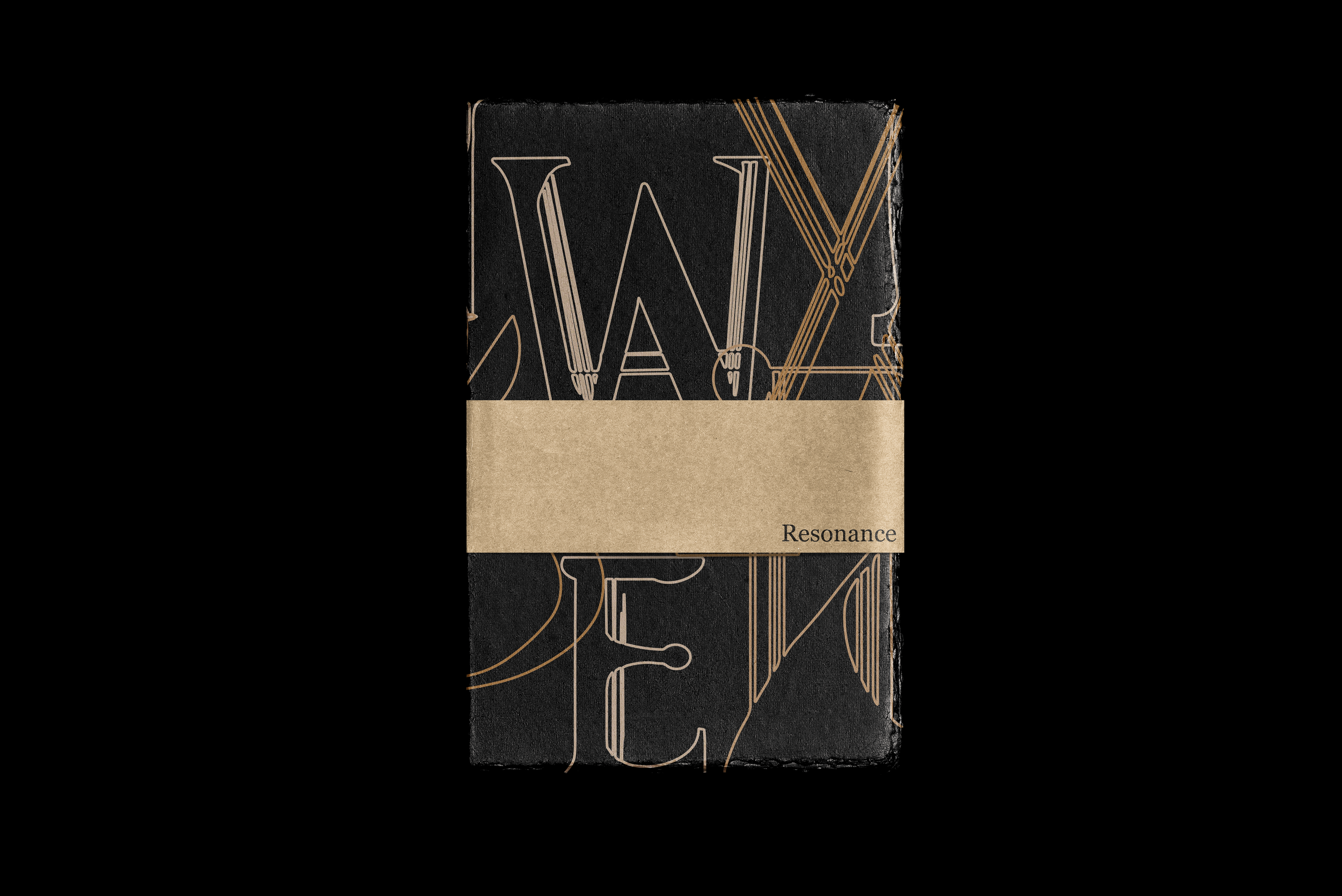 A black box of chocolate with gold geometric line designs and the words 'Resonance' on a beige band