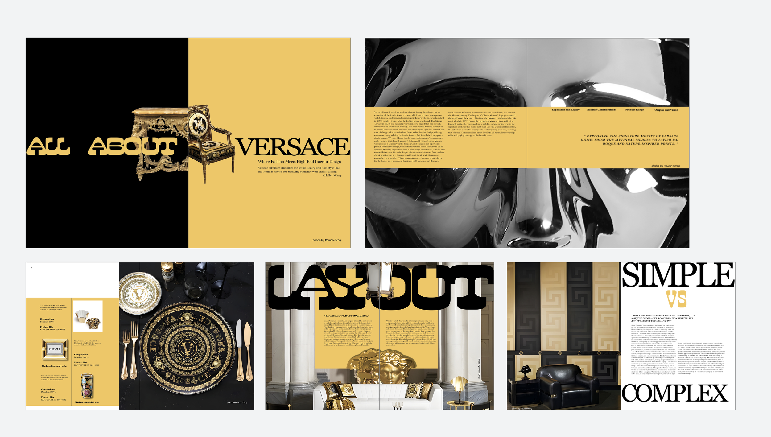 Collage of interior decor and design images featuring Versace-themed furniture and accessories, including a gold ornate chair, black and gold tableware, and fashion interior decor with black, gold, and geometric patterns.