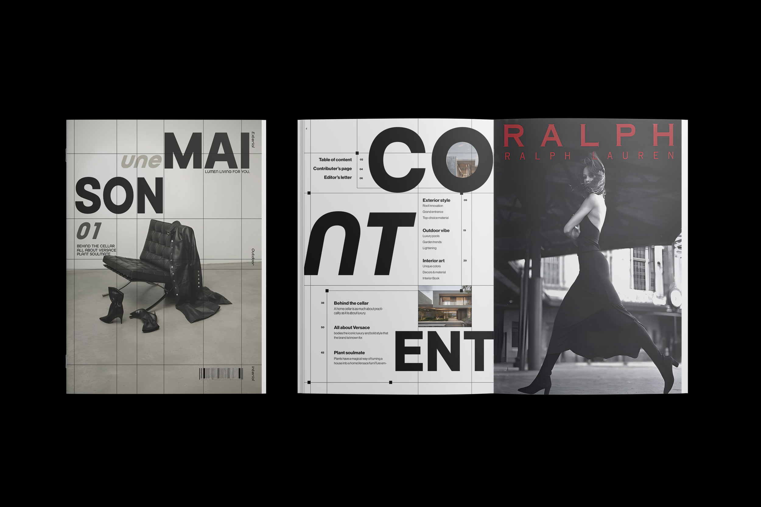 Open magazine spread featuring interior design, fashion, and architecture content, with black and white and color photographs and large bold text.