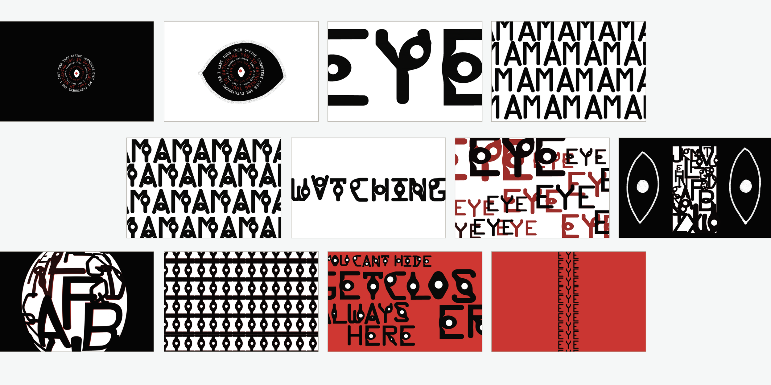 A collage of 14 abstract graphic designs featuring repetitive texts and eye motifs in black, white, and red colors.