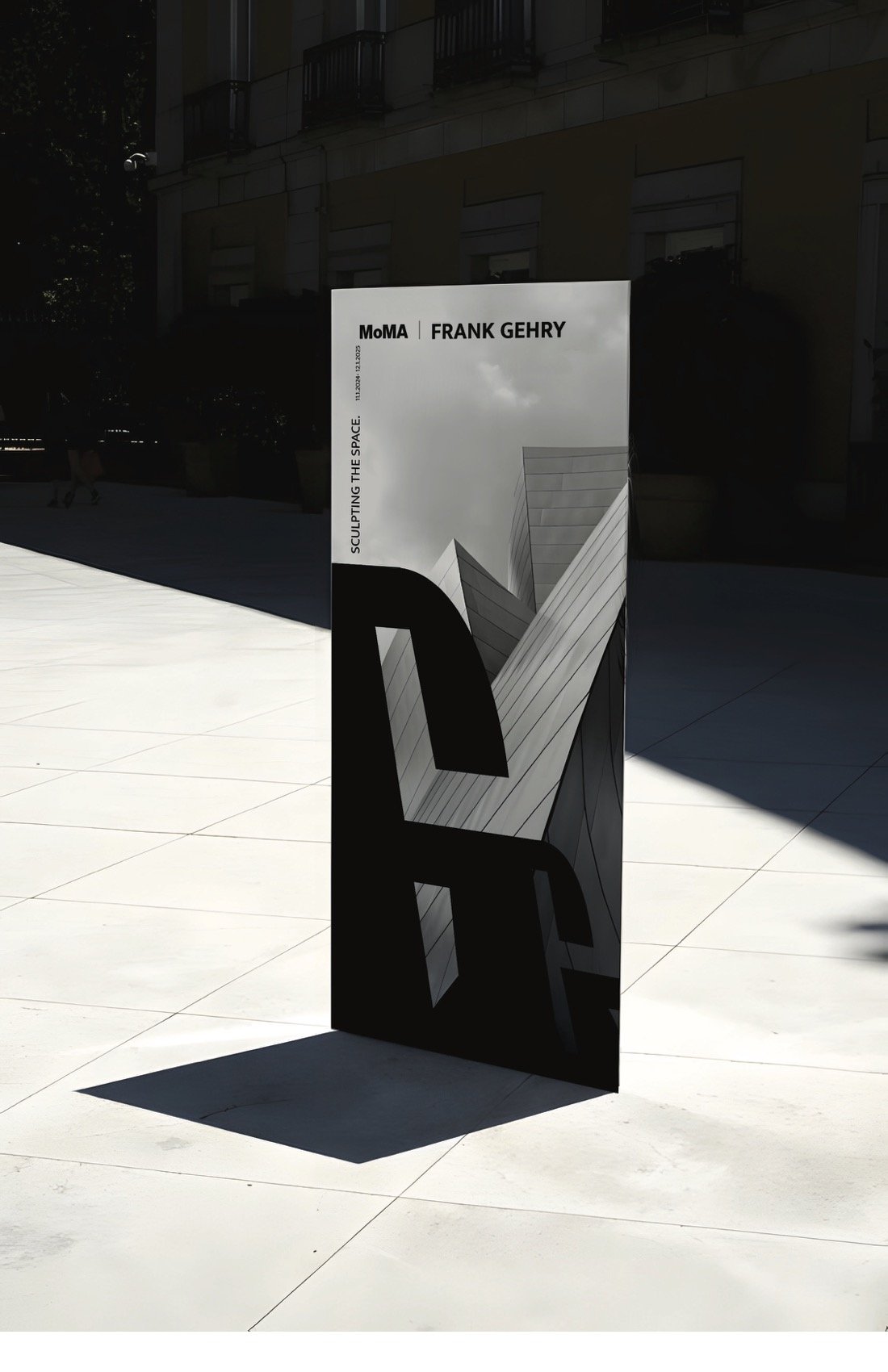 A vertical display sign outside, promoting an exhibition at MoMA titled "Frank Gehry" with the subtitle "Sculpting the Space", featuring black and white architectural images by Frank Gehry.