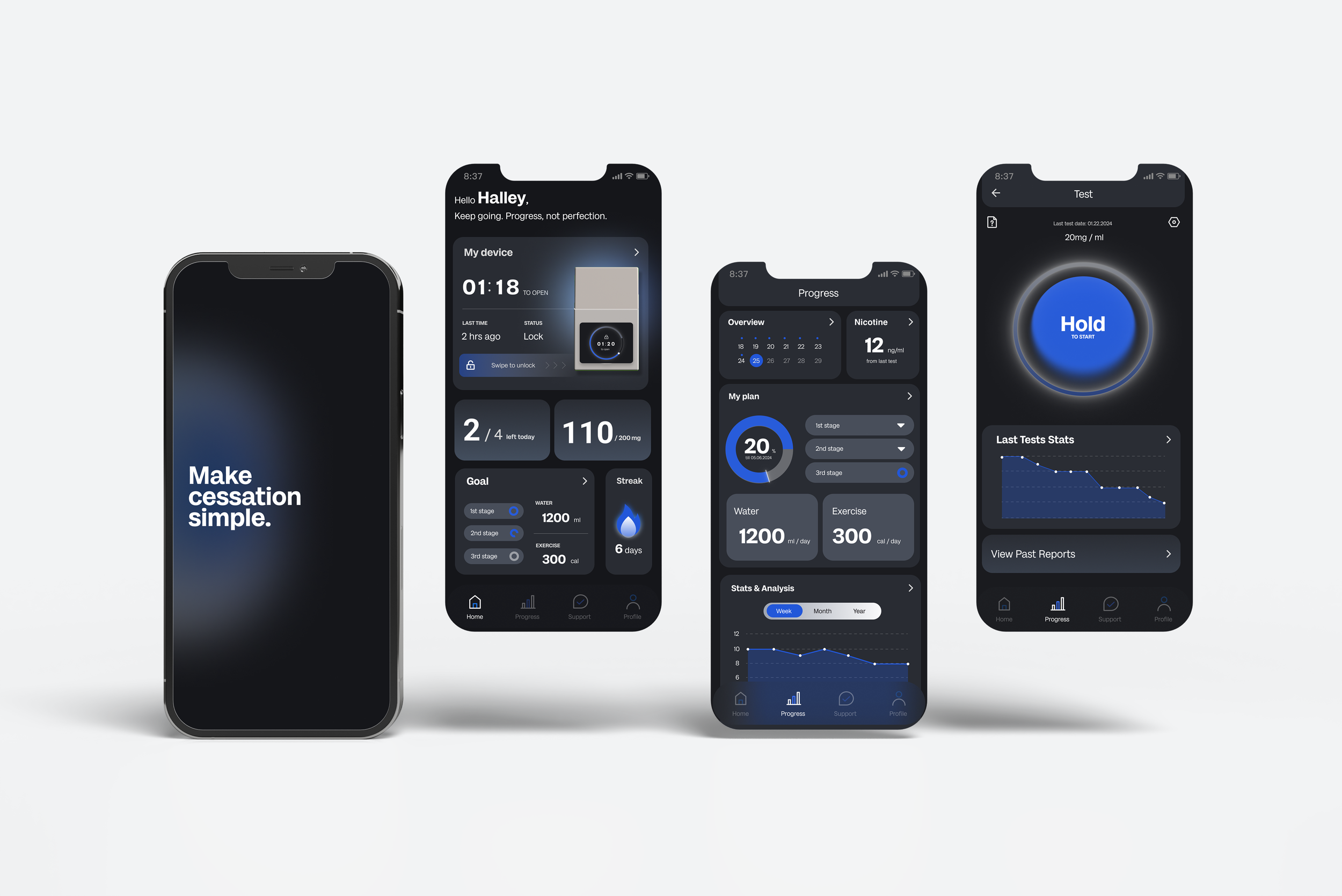 Multiple smartphone screens showing a health and fitness app with features like progress tracking, test results, water intake, exercise logging, and goal setting.
