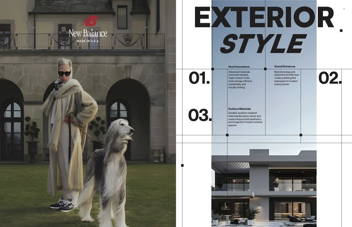 A woman wearing sunglasses, a beige scarf, and a long striped coat standing outdoors with her dog on a leash in front of a large building with arched windows, trees, and plants. Adjacent to the woman is a modern outdoor house design with blue and white colors and glass balcony railings.