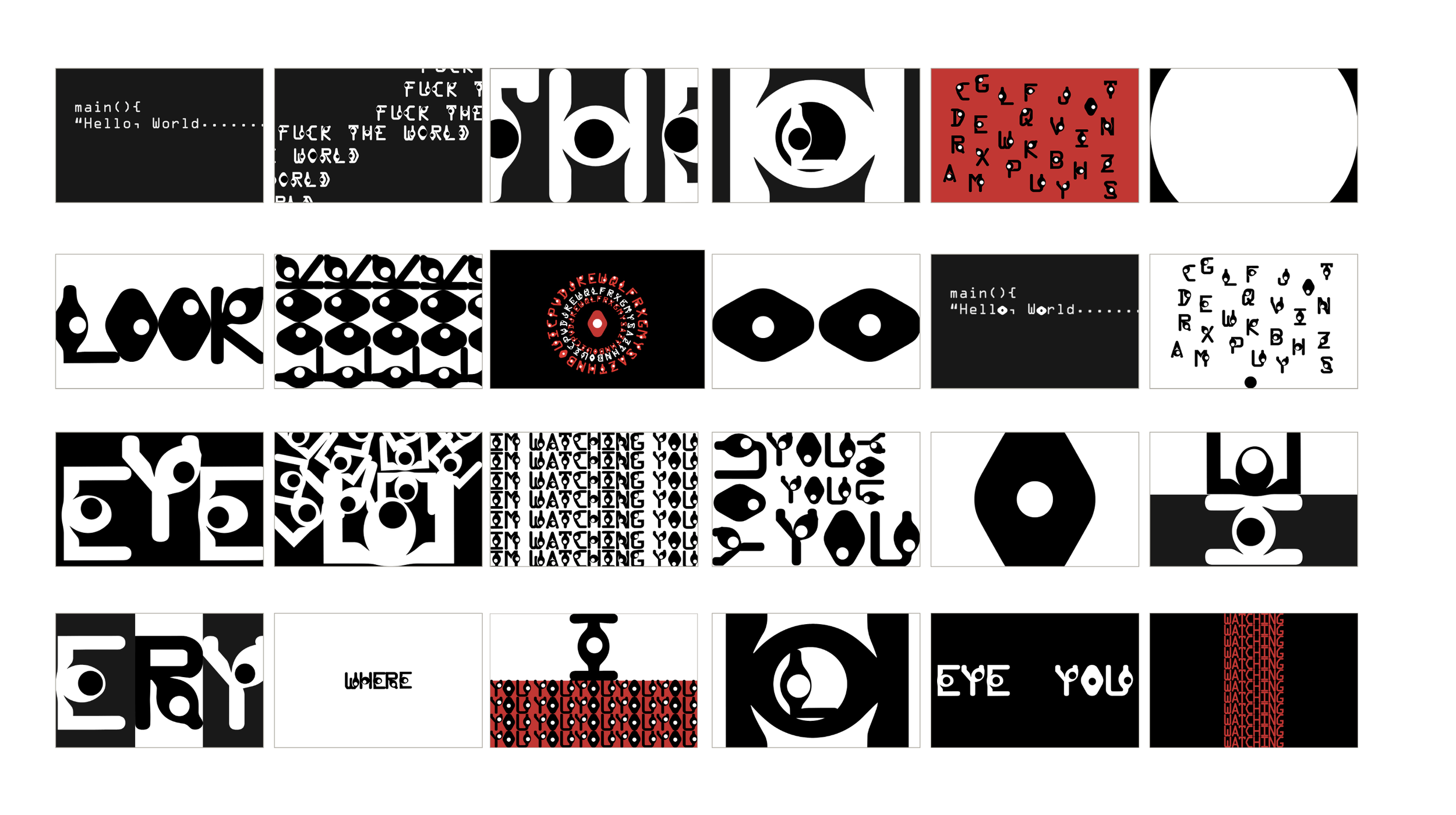 Colorful abstract digital artwork with various black, white, and red geometric and typographic patterns arranged in a grid. Some patterns include text such as "HELLO WORLD," "LOOK," and "EYE YOU," with abstract shapes and stylized letters.