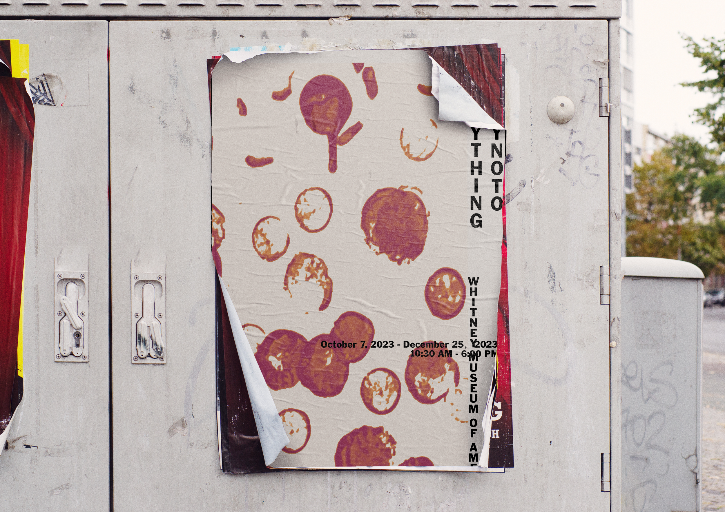 A poster advertising an art exhibit titled 'Nothing White Nope' at the Museum of Art. The exhibit runs from October 7, 2023, to December 25, 2023, open from 10:30 AM to 6 PM. The poster features a background of scattered orange and brown circular patterns on a white surface, with some of the paper peeling off.