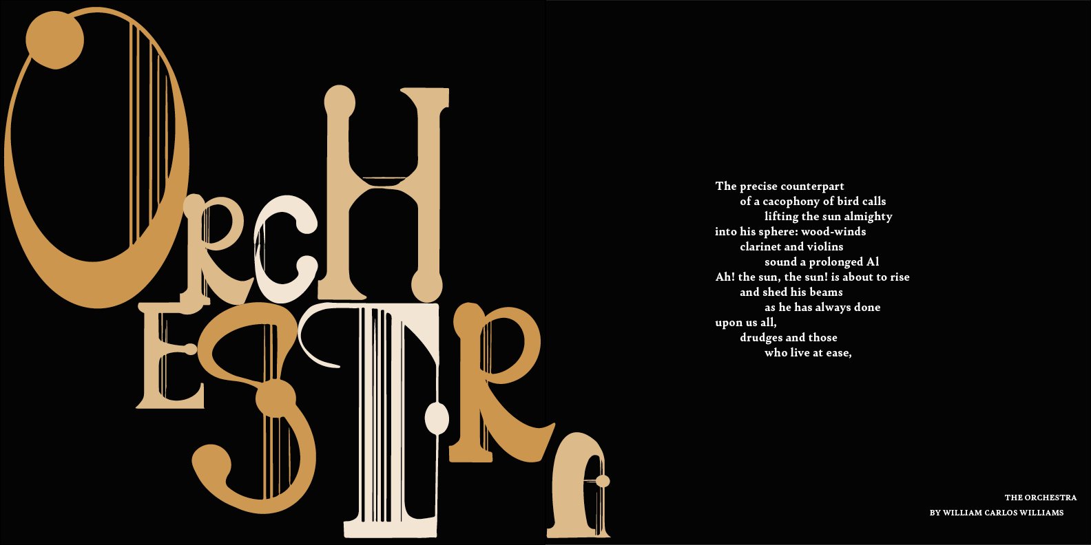 Book cover featuring large, stylized text with the words "Orchestra" and a poem by William Carlos Williams on a black background.
